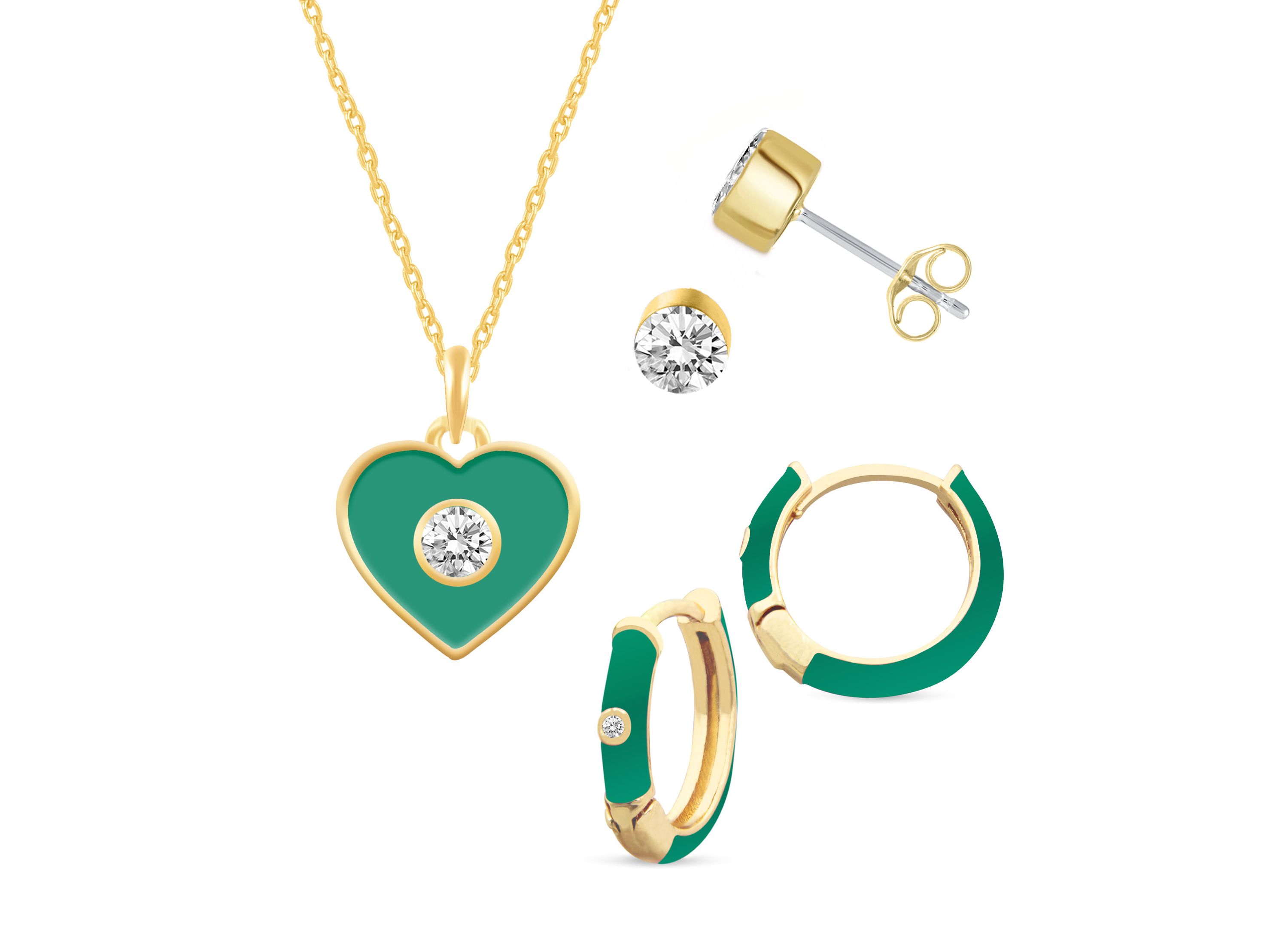 ELERALD Enamel Huggies Stud Earrings Heart Pendant Box Set in 17 Inch Chain + 2in Extender