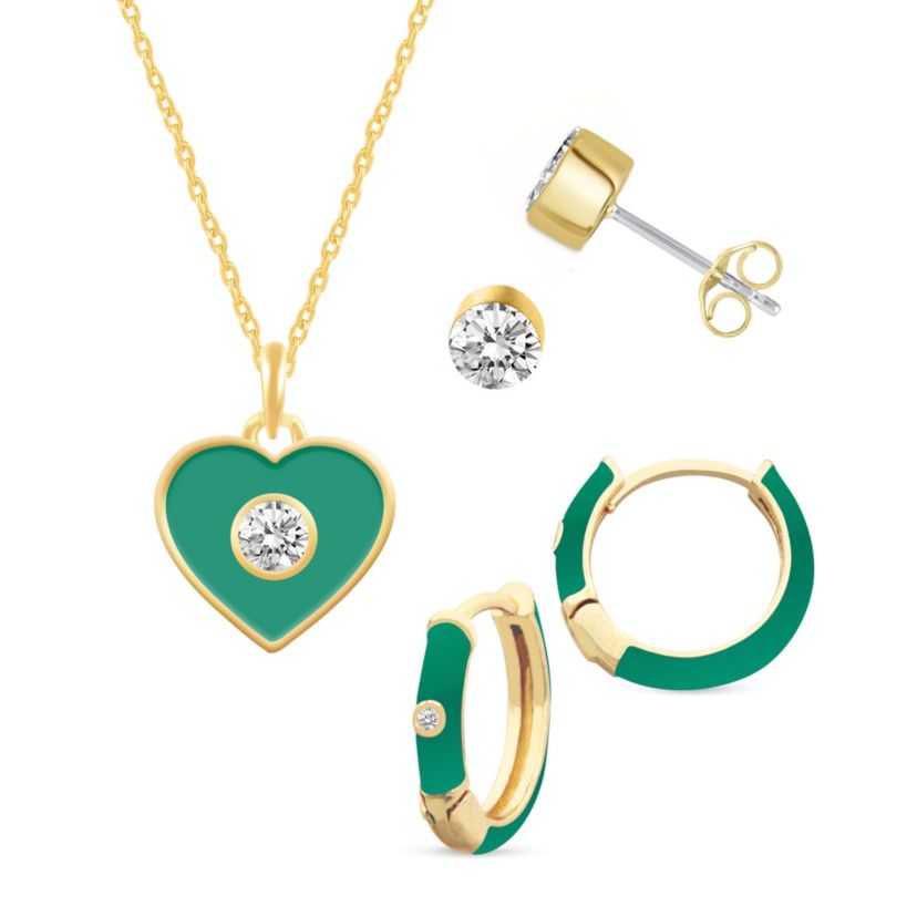 ELERALD Enamel Huggies Stud Earrings Heart Pendant Box Set in 17 Inch Chain + 2in Extender