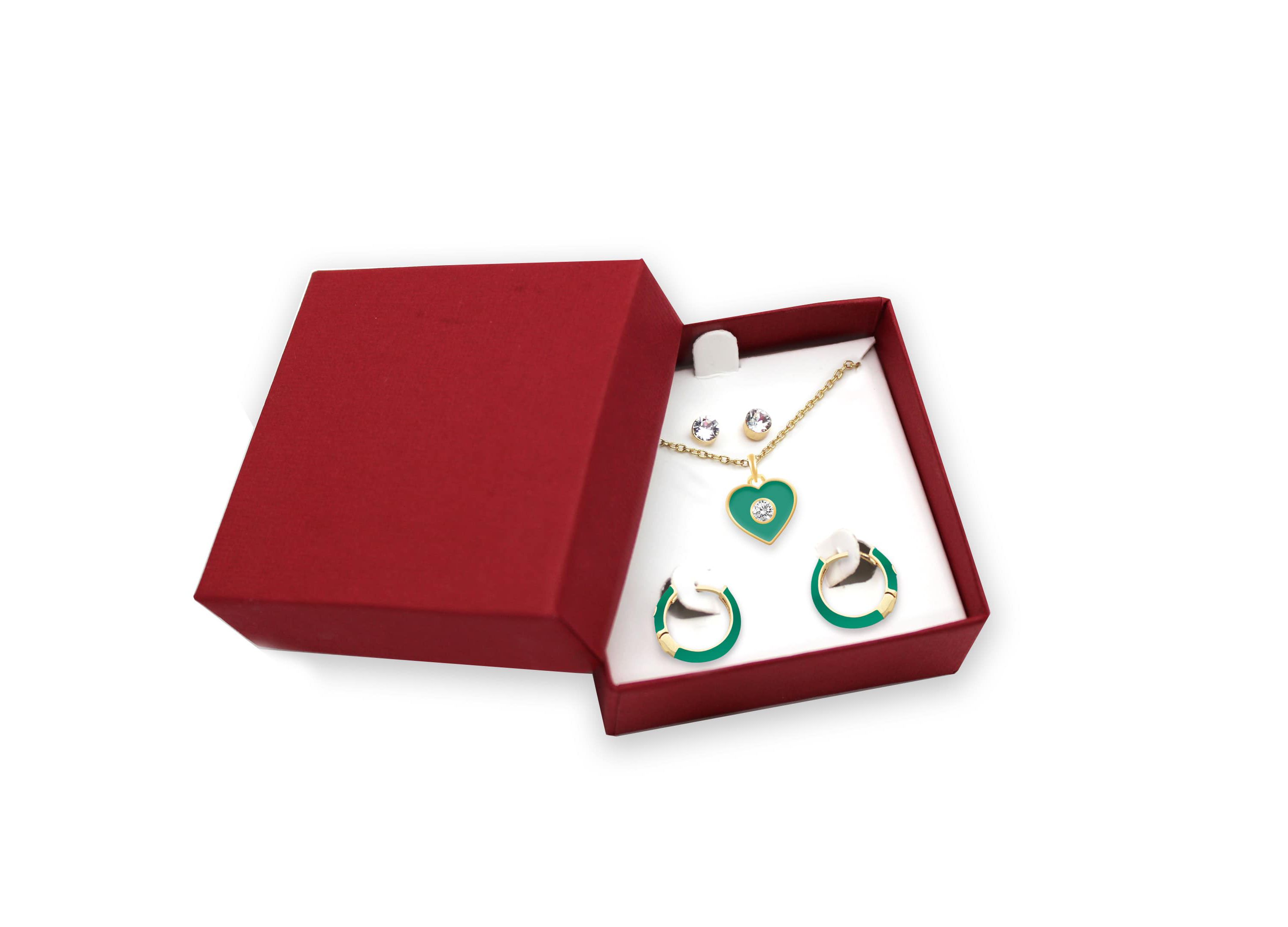 ELERALD Enamel Huggies Stud Earrings Heart Pendant Box Set in 17 Inch Chain + 2in Extender
