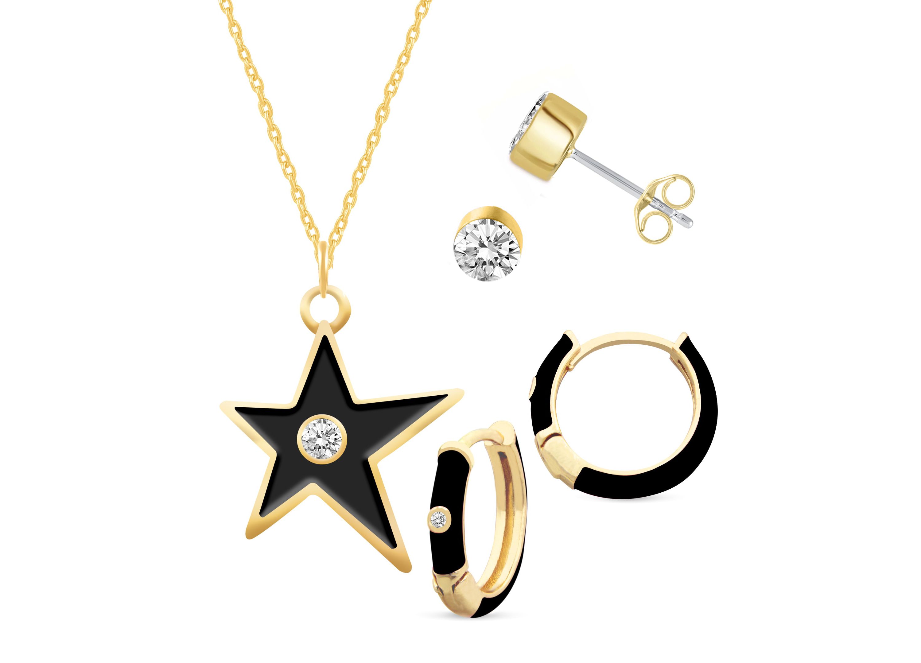 BLACK Enamel Huggies Earrings Star Pendant Box Set in 17 Inch Chain + 2in Extender