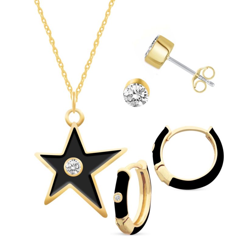 BLACK Enamel Huggies Earrings Star Pendant Box Set in 17 Inch Chain + 2in Extender