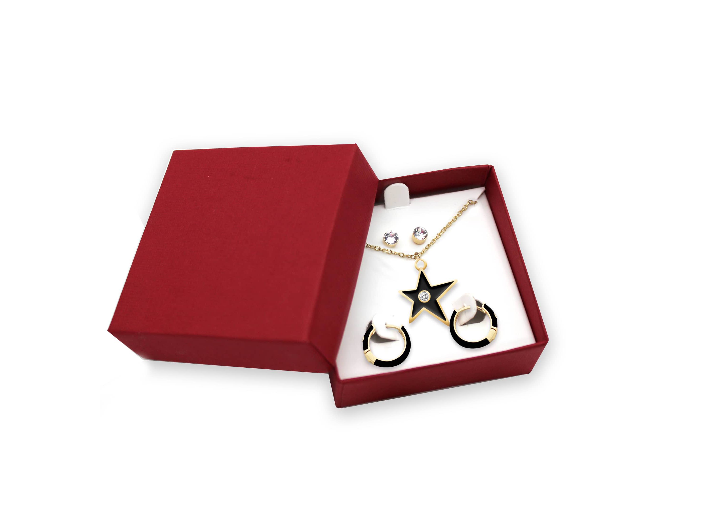BLACK Enamel Huggies Earrings Star Pendant Box Set in 17 Inch Chain + 2in Extender