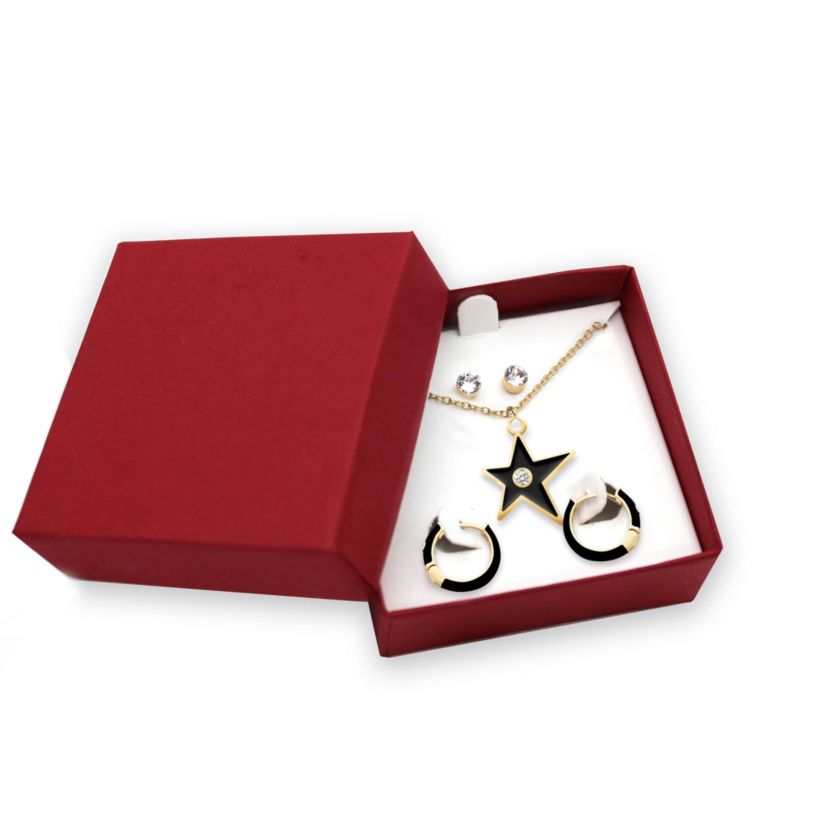 BLACK Enamel Huggies Earrings Star Pendant Box Set in 17 Inch Chain + 2in Extender