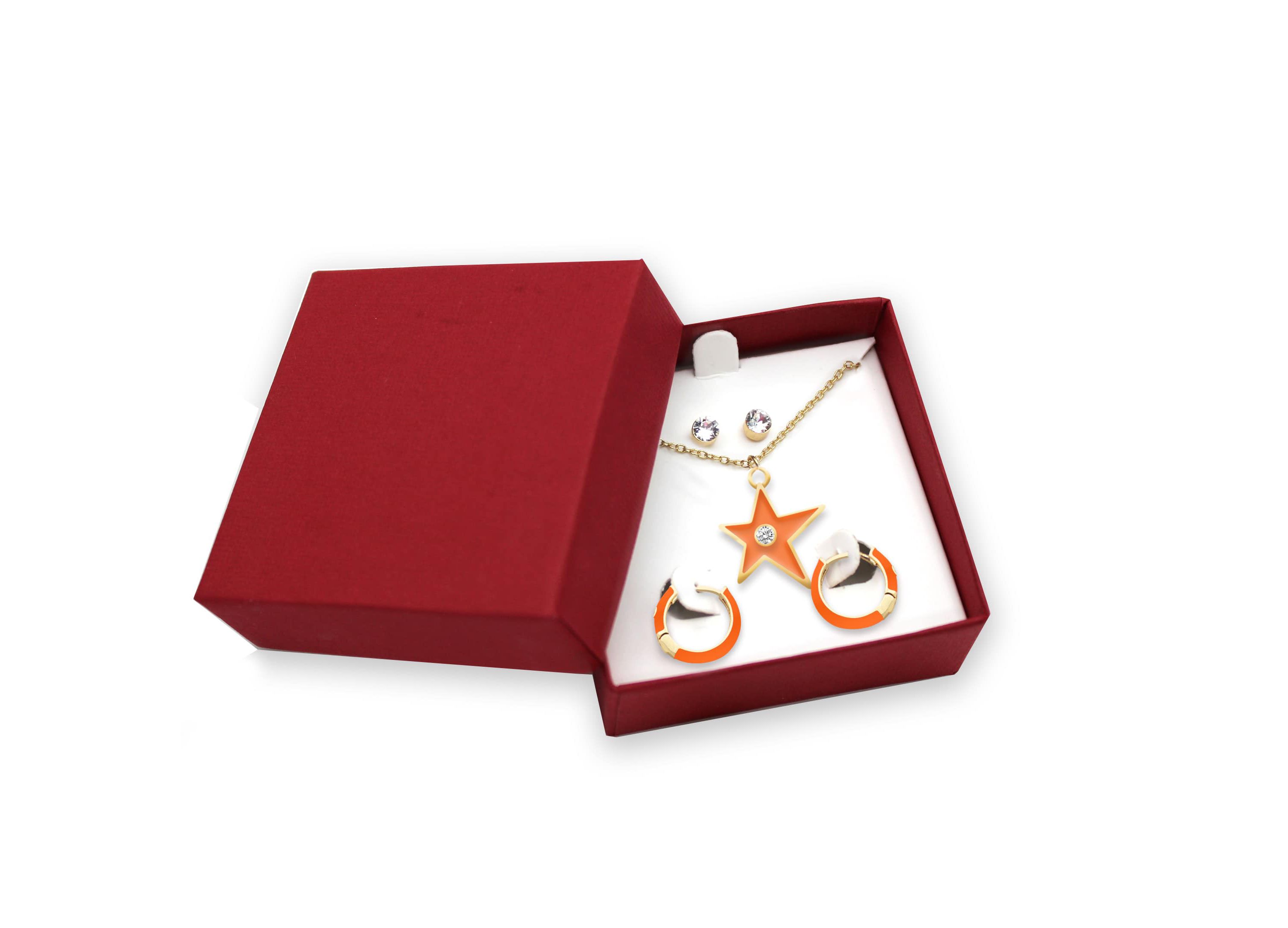 ORANGE Enamel Huggies Earrings Star Pendant Box Set in 17 Inch Chain + 2in Extender