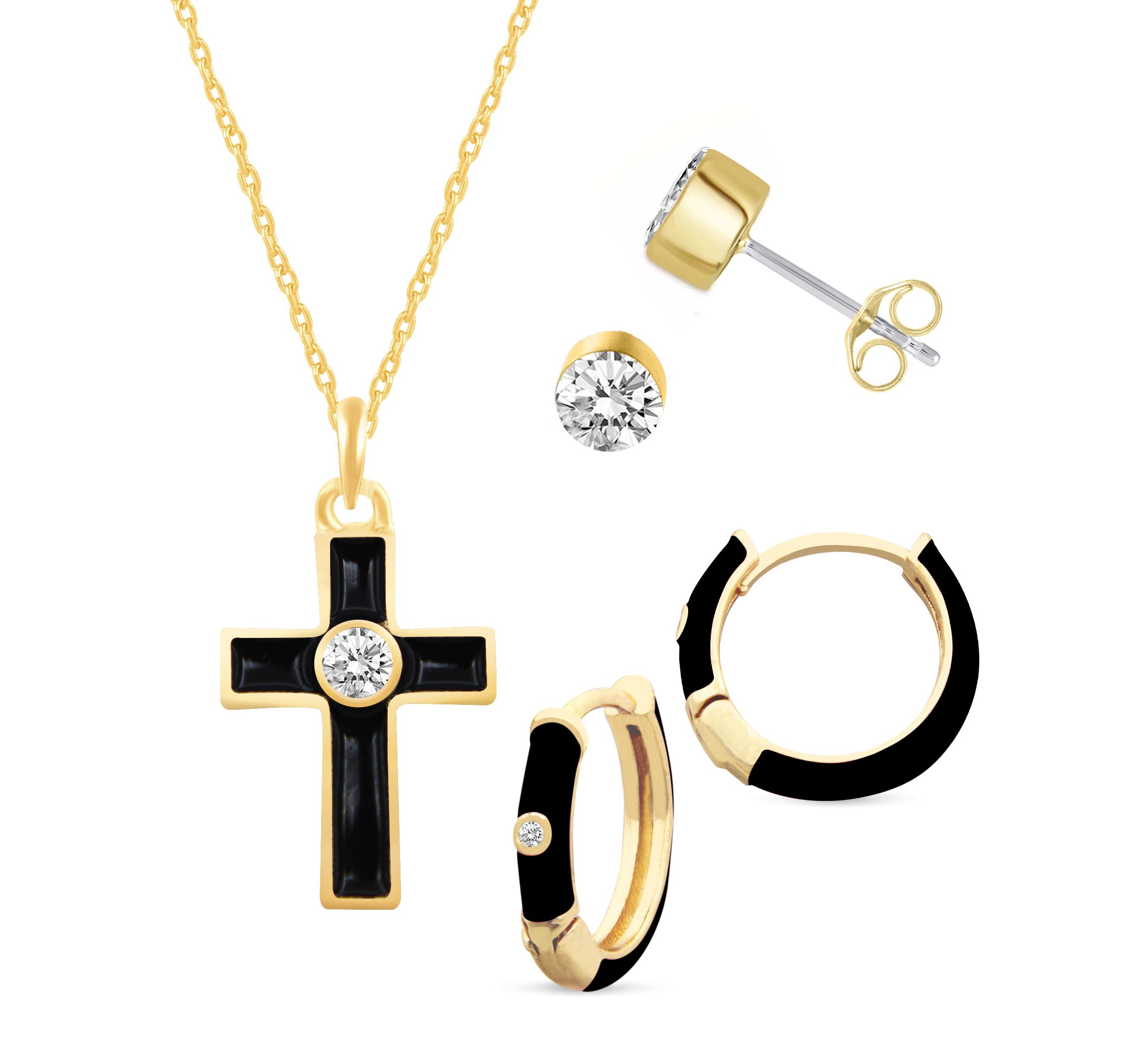 BLACK Enamel Huggies Earrings Cross Pendant Box Set in 17 Inch Chain + 2in Extender
