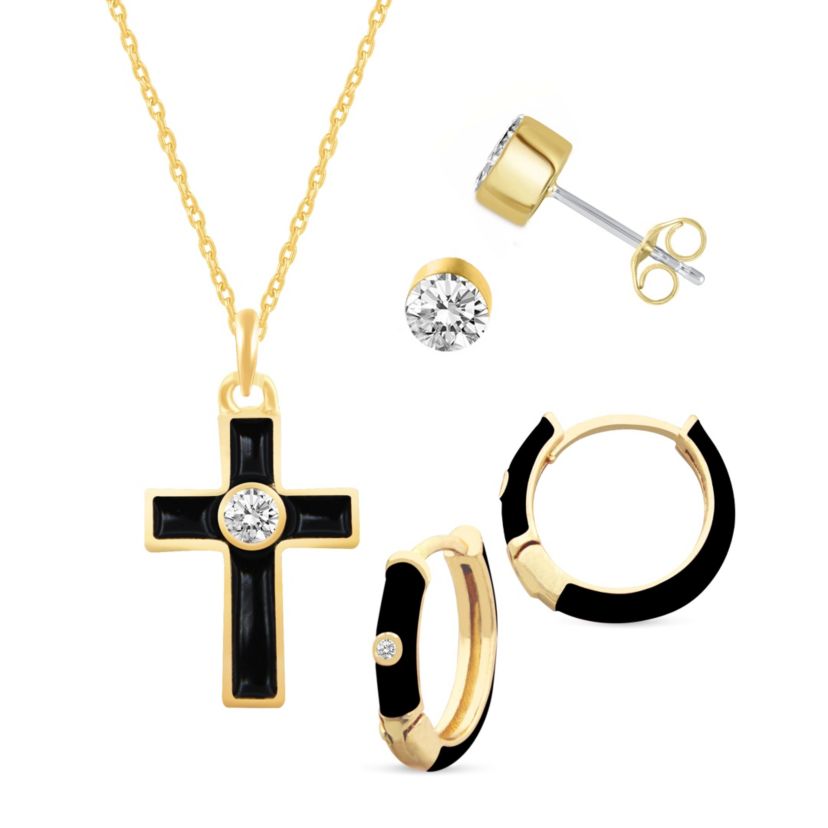 BLACK Enamel Huggies Earrings Cross Pendant Box Set in 17 Inch Chain + 2in Extender
