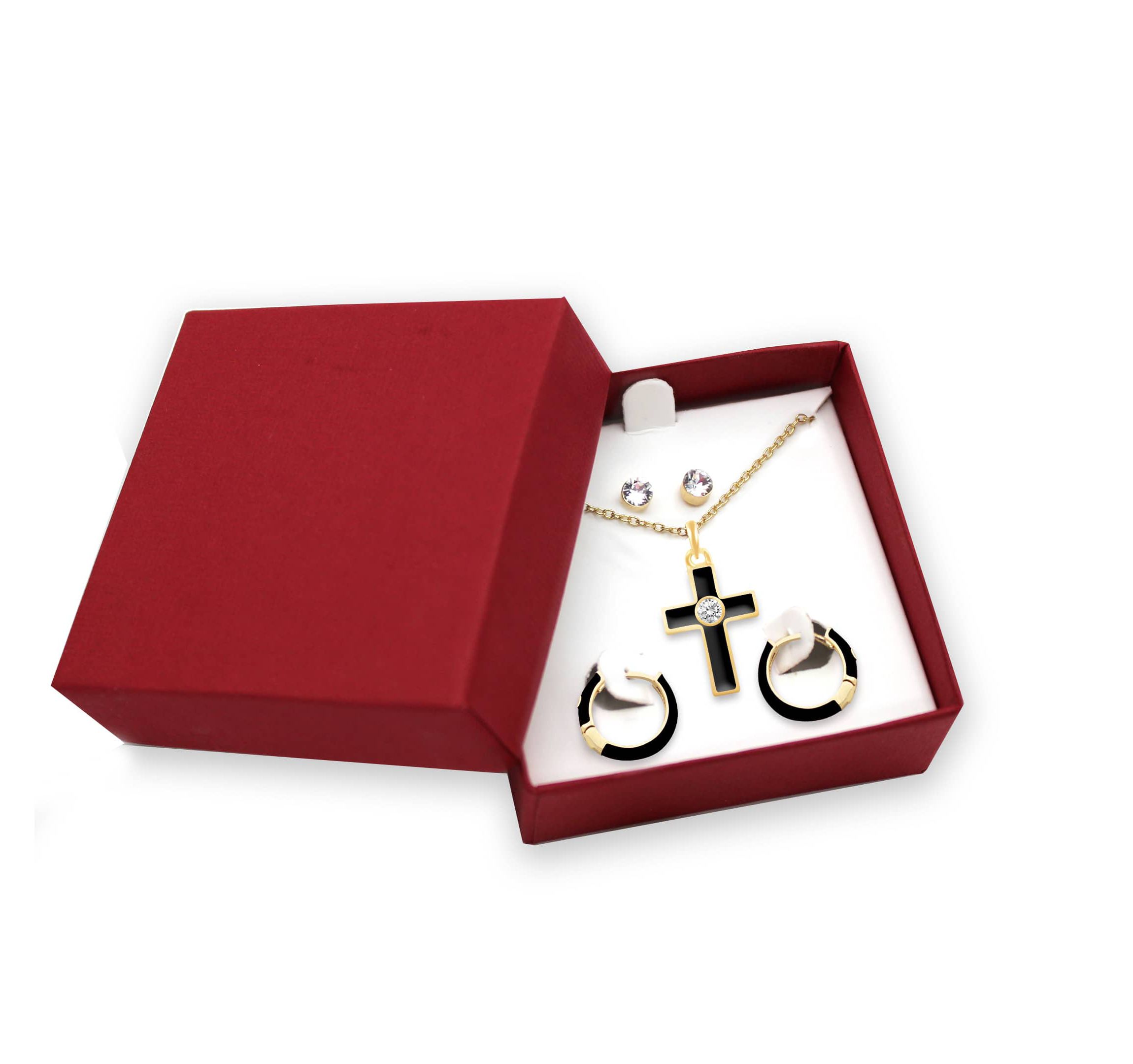 BLACK Enamel Huggies Earrings Cross Pendant Box Set in 17 Inch Chain + 2in Extender