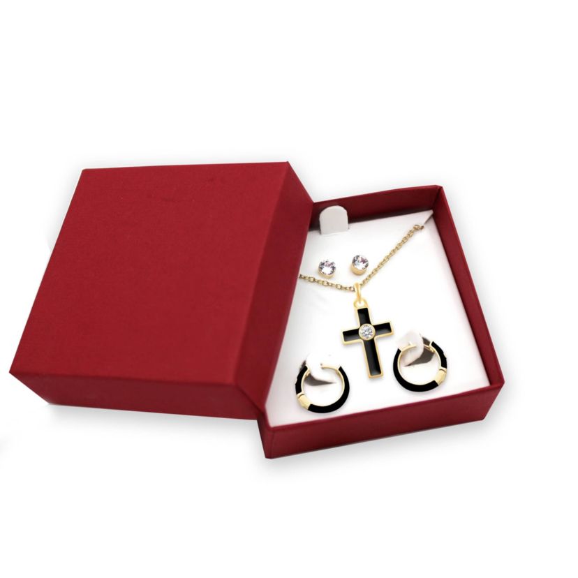 BLACK Enamel Huggies Earrings Cross Pendant Box Set in 17 Inch Chain + 2in Extender