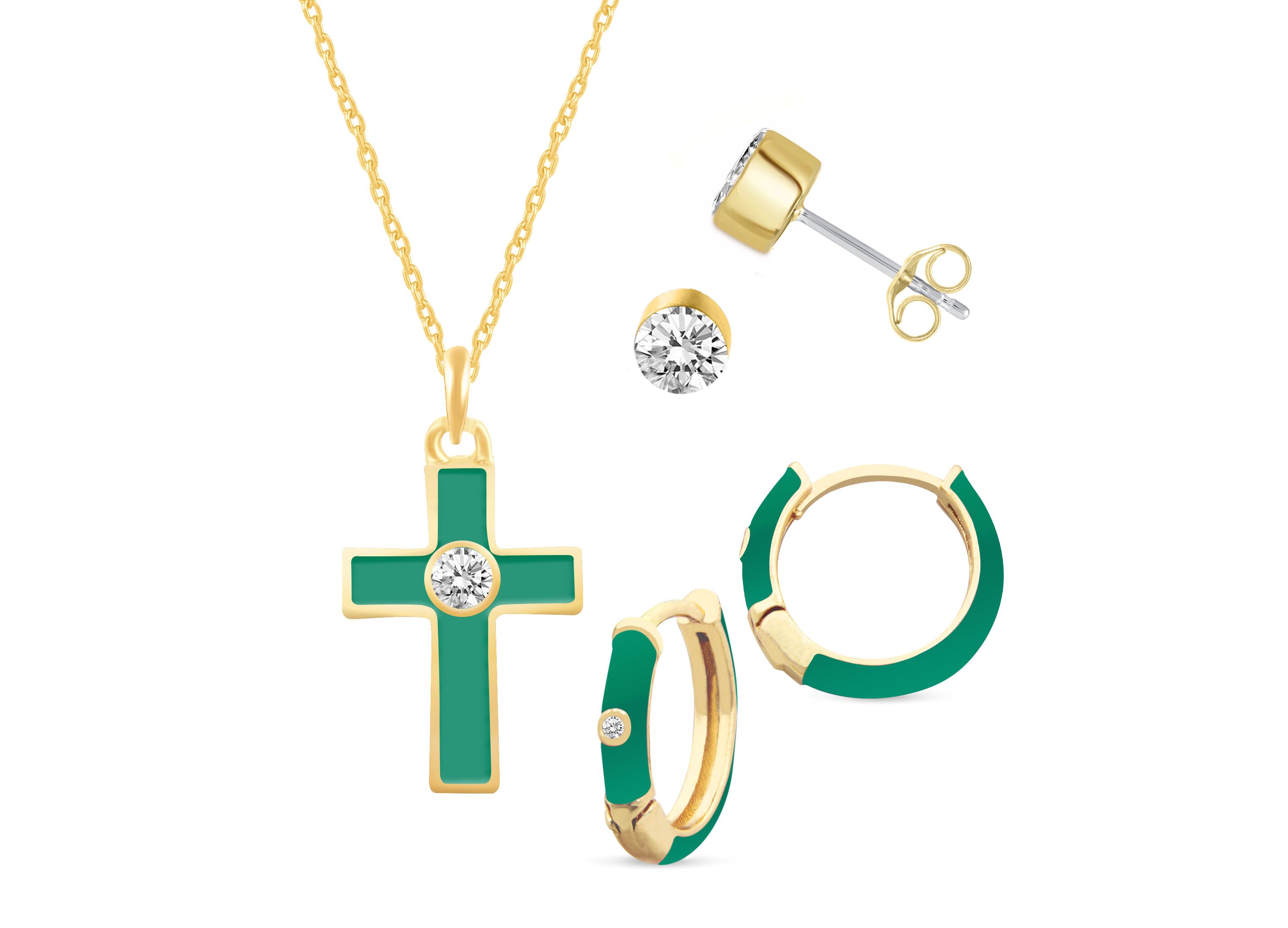 EMERALD Enamel Huggies Earrings Cross Pendant Box Set in 17 Inch Chain + 2in Extender