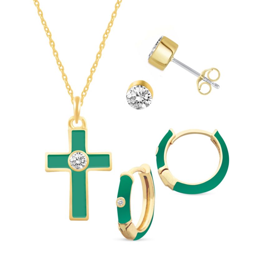 EMERALD Enamel Huggies Earrings Cross Pendant Box Set in 17 Inch Chain + 2in Extender
