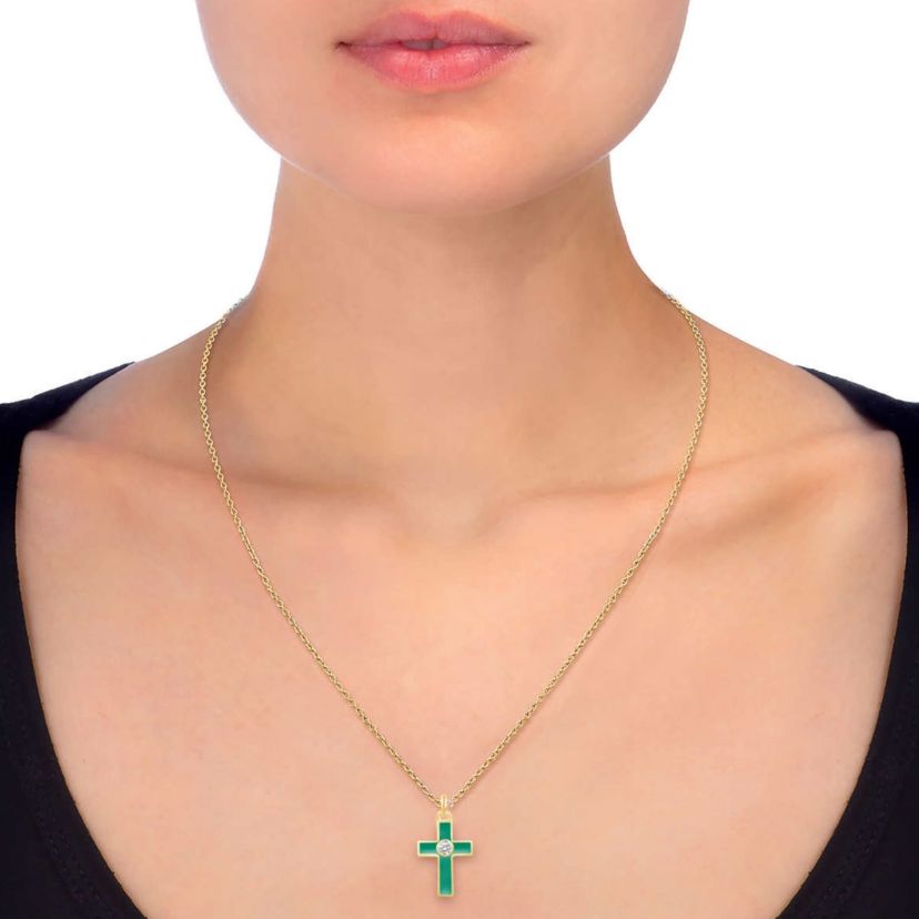 EMERALD Enamel Huggies Earrings Cross Pendant Box Set in 17 Inch Chain + 2in Extender