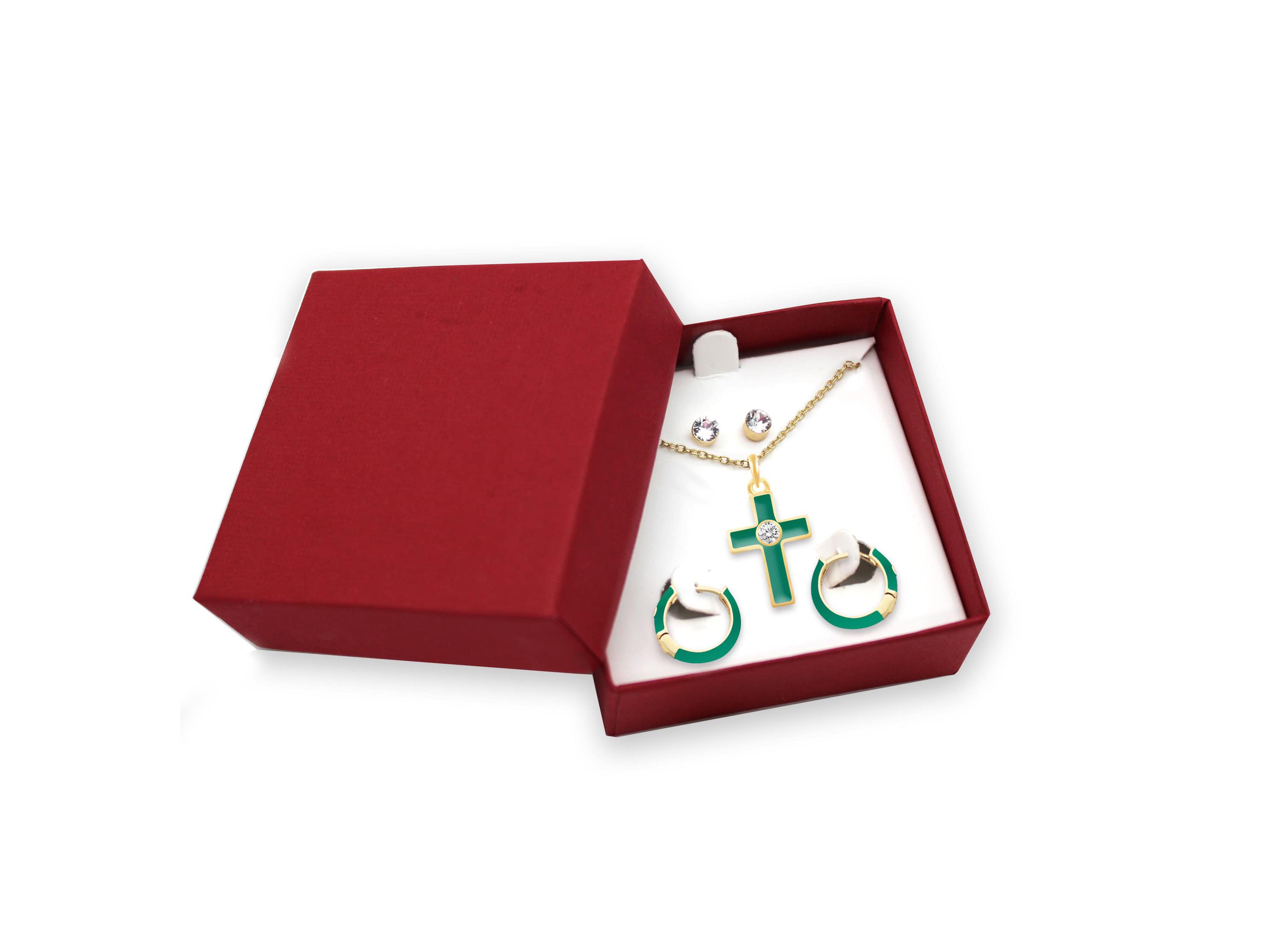 EMERALD Enamel Huggies Earrings Cross Pendant Box Set in 17 Inch Chain + 2in Extender