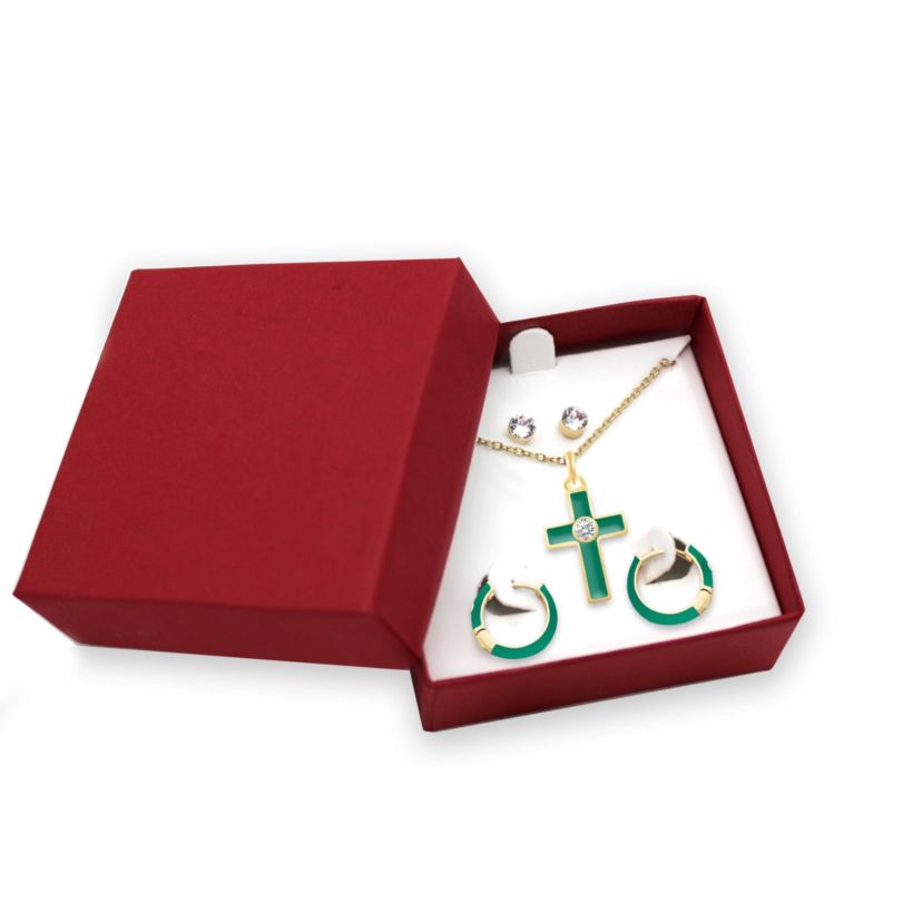 EMERALD Enamel Huggies Earrings Cross Pendant Box Set in 17 Inch Chain + 2in Extender