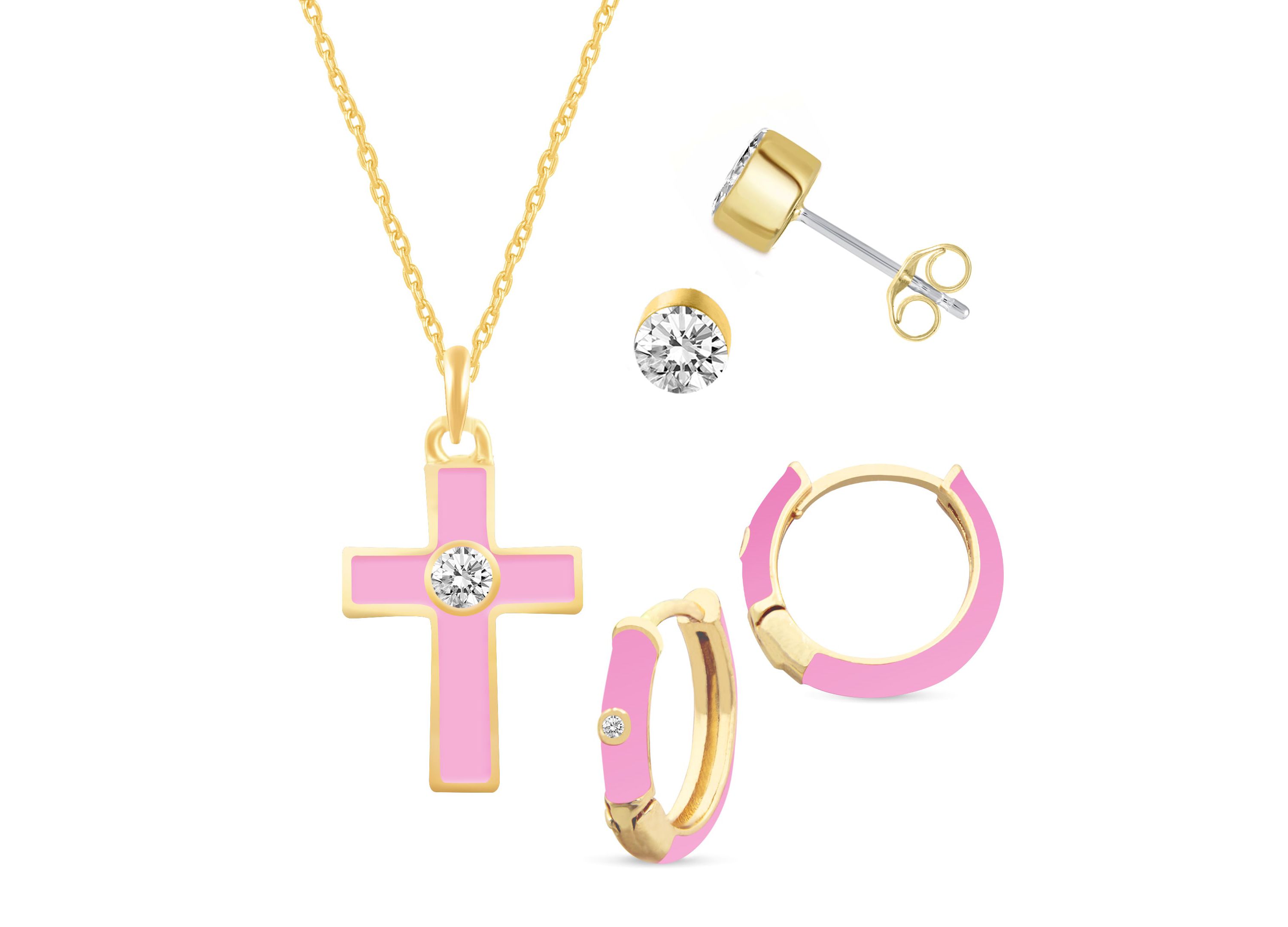 PINK Enamel Huggies Earrings Cross Pendant Box Set in 17 Inch Chain + 2in Extender