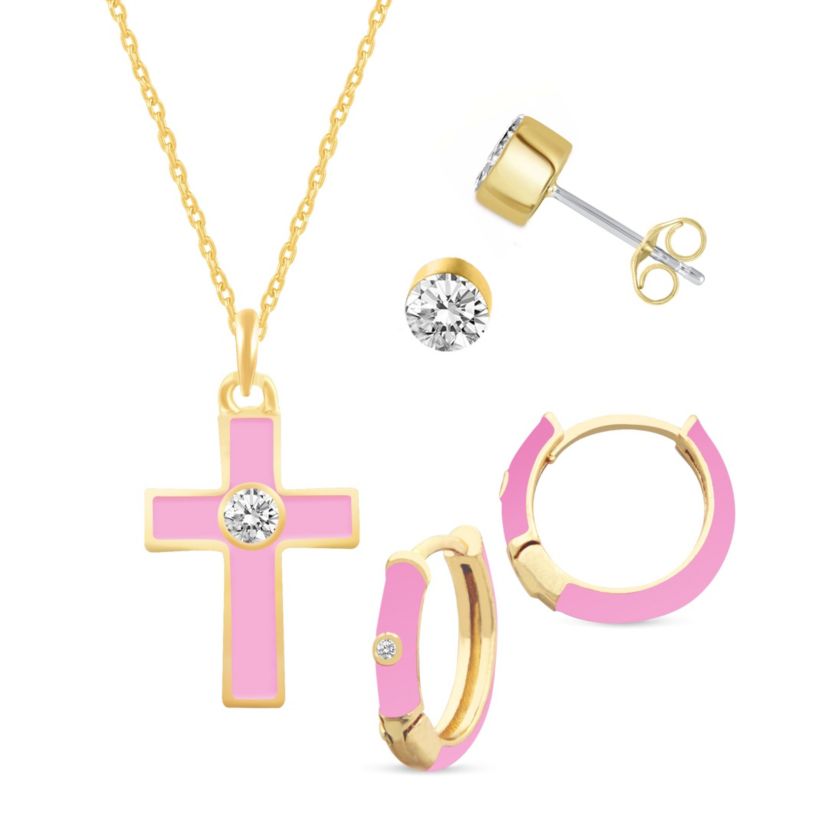 PINK Enamel Huggies Earrings Cross Pendant Box Set in 17 Inch Chain + 2in Extender