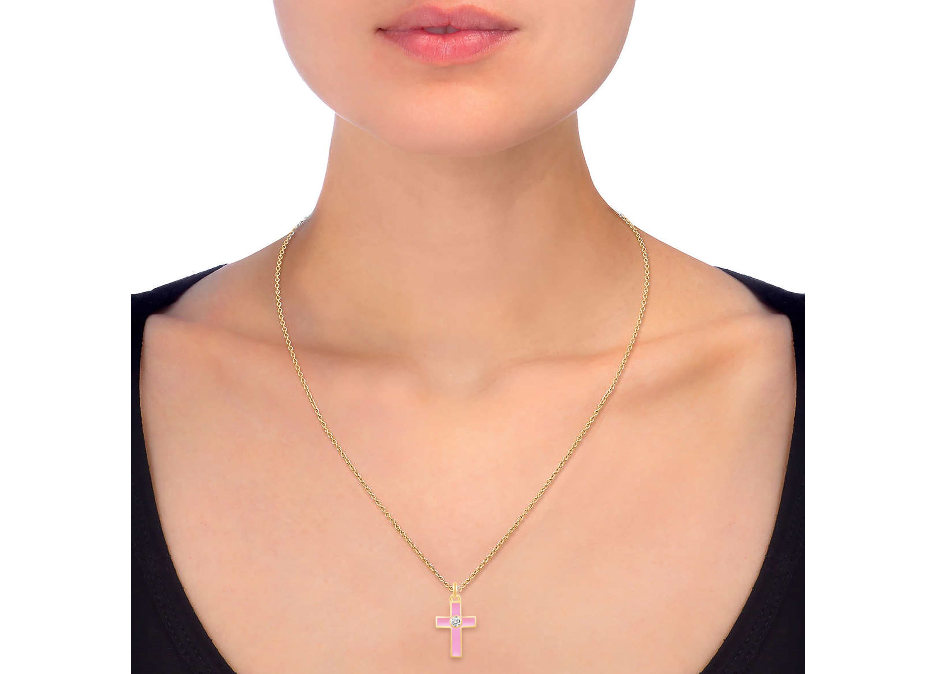 PINK Enamel Huggies Earrings Cross Pendant Box Set in 17 Inch Chain + 2in Extender
