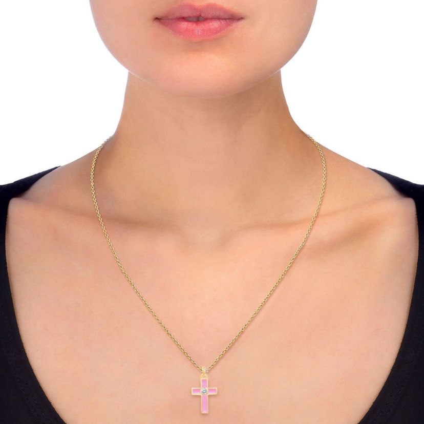 PINK Enamel Huggies Earrings Cross Pendant Box Set in 17 Inch Chain + 2in Extender
