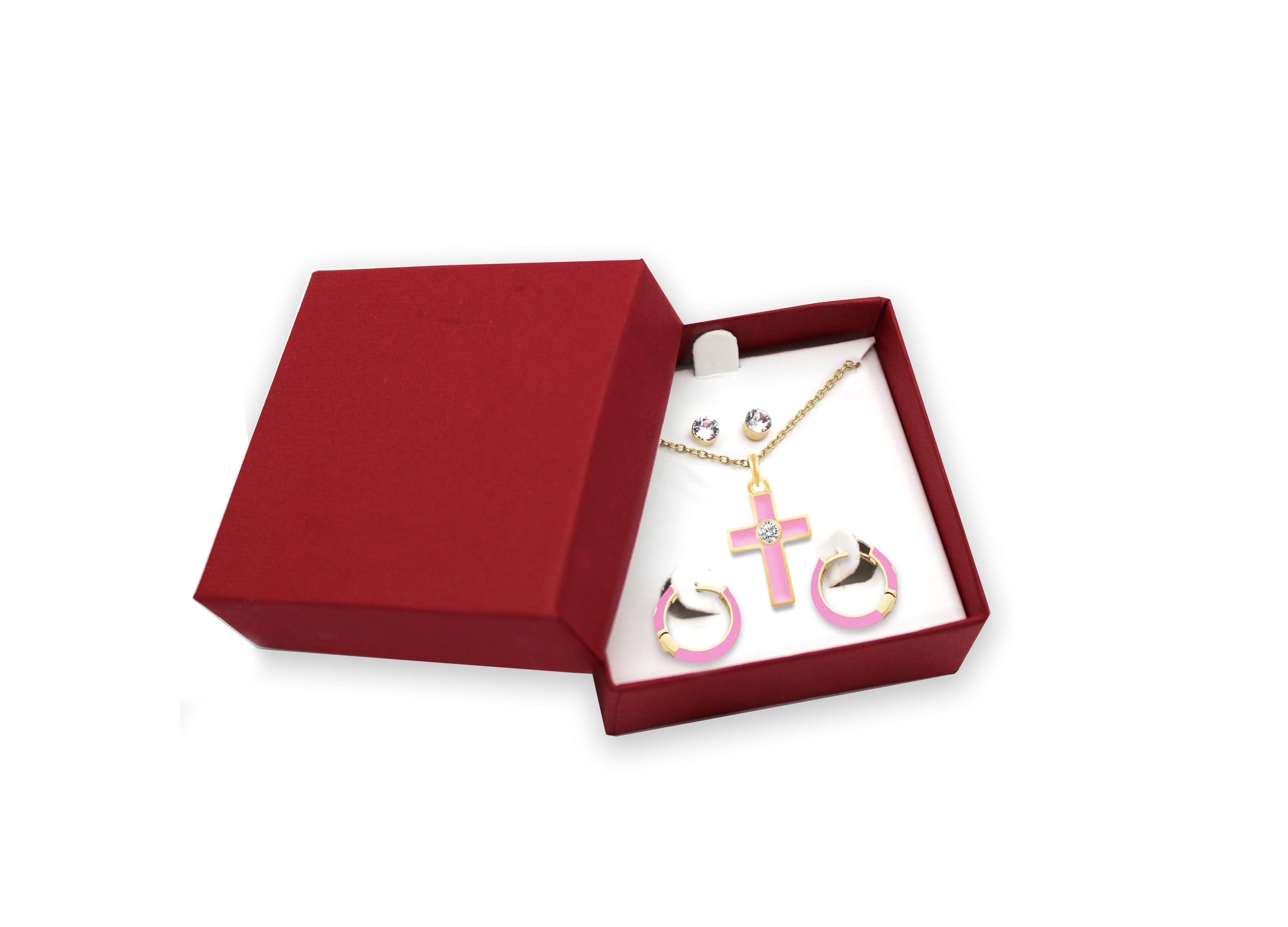 PINK Enamel Huggies Earrings Cross Pendant Box Set in 17 Inch Chain + 2in Extender