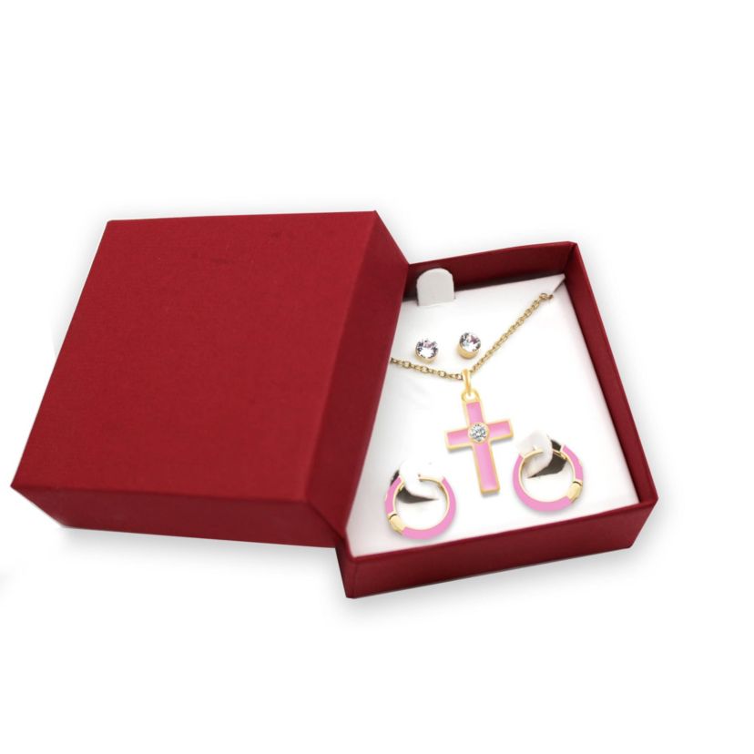 PINK Enamel Huggies Earrings Cross Pendant Box Set in 17 Inch Chain + 2in Extender