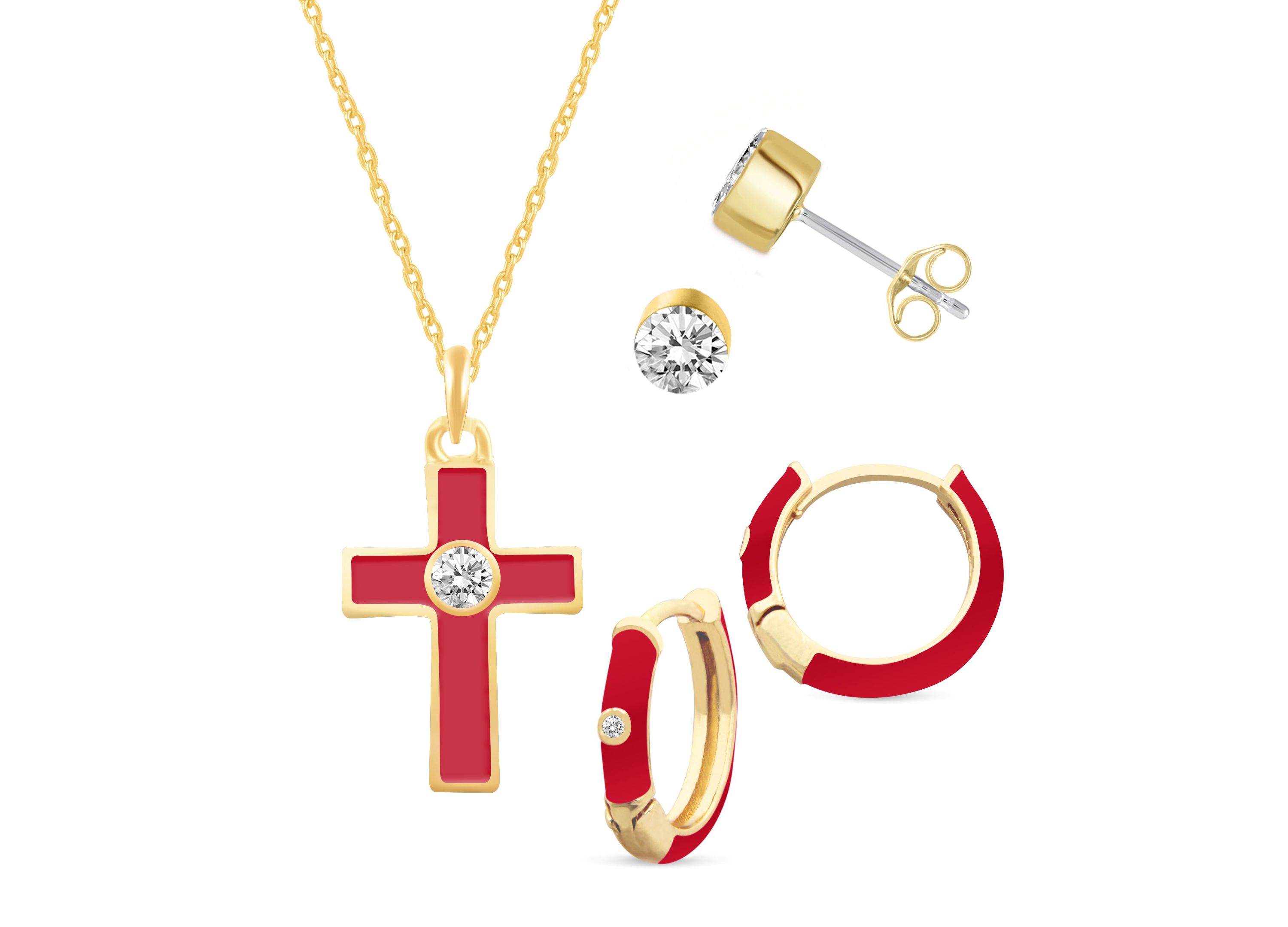 RED Enamel Huggies Earrings Cross Pendant Box Set in 17 Inch Chain + 2in Extender