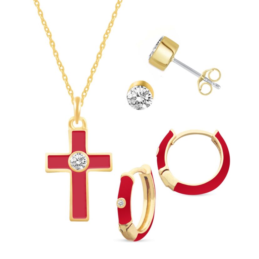 RED Enamel Huggies Earrings Cross Pendant Box Set in 17 Inch Chain + 2in Extender