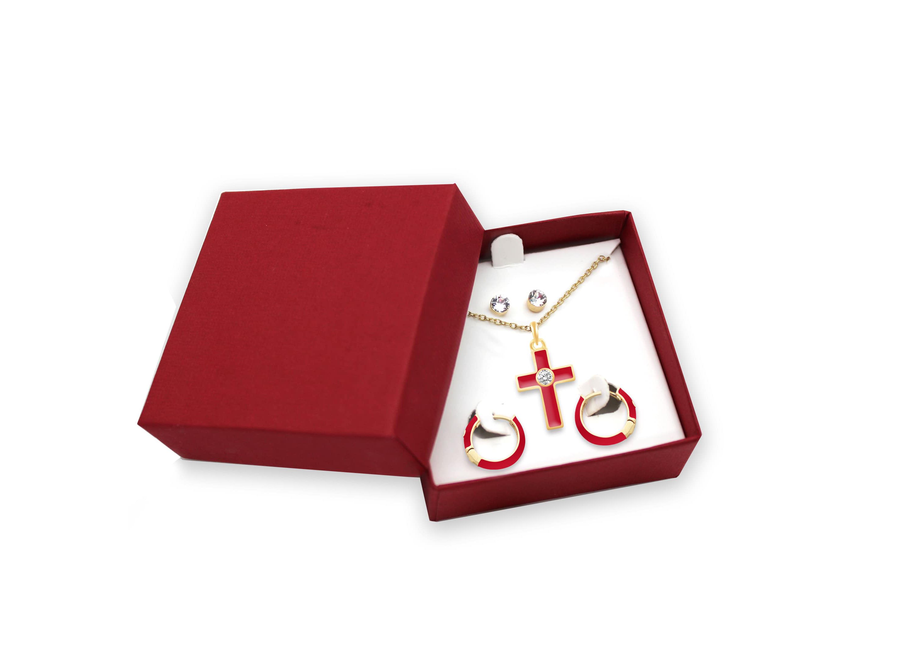 RED Enamel Huggies Earrings Cross Pendant Box Set in 17 Inch Chain + 2in Extender
