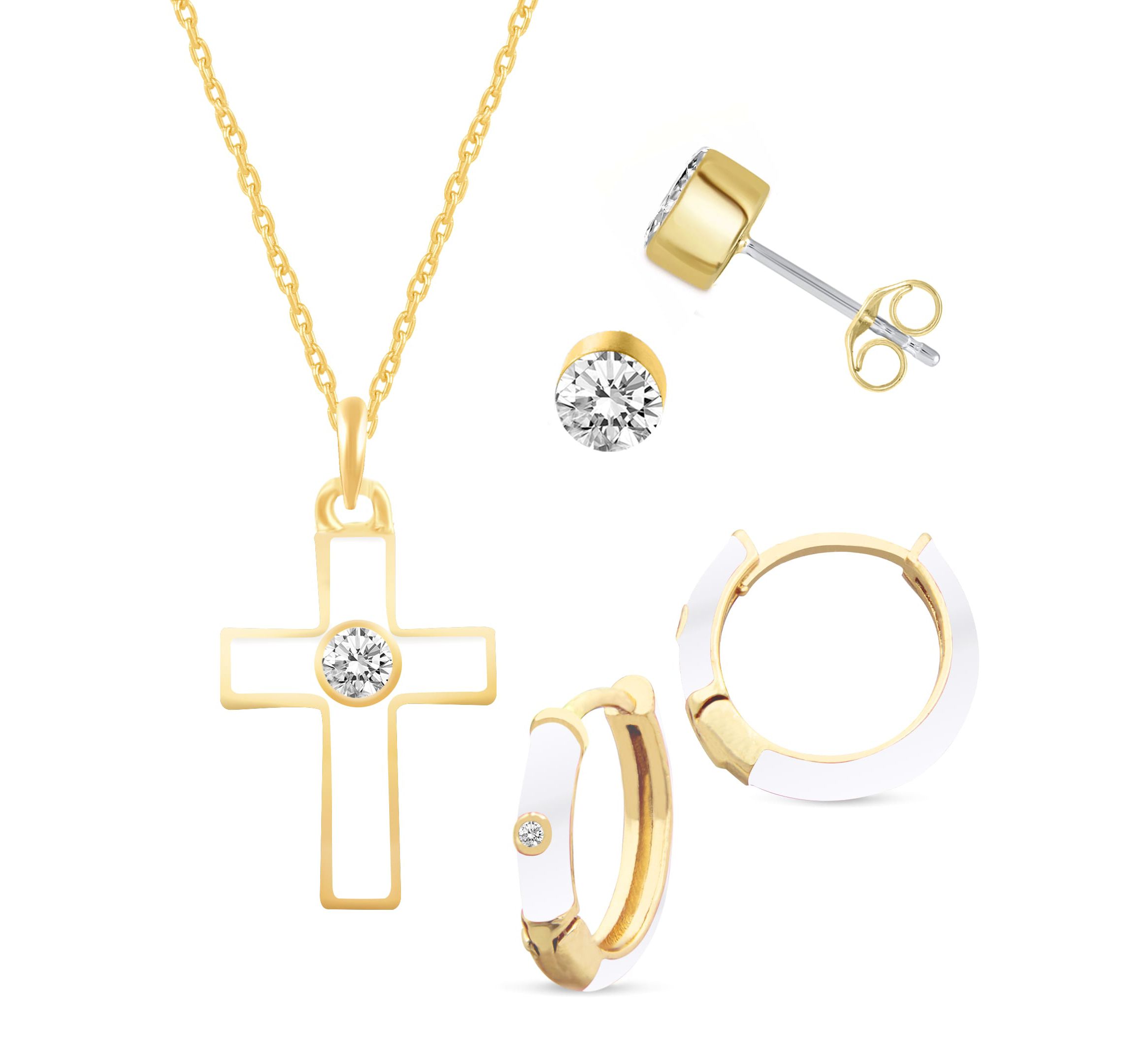 WHITE Enamel Huggies Earrings Cross Pendant Box Set in 17 Inch Chain + 2in Extender