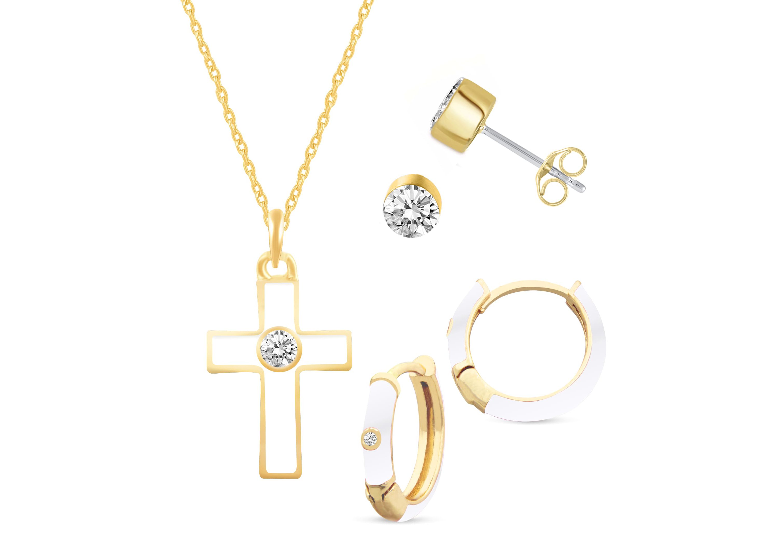 WHITE Enamel Huggies Earrings Cross Pendant Box Set in 17 Inch Chain + 2in Extender