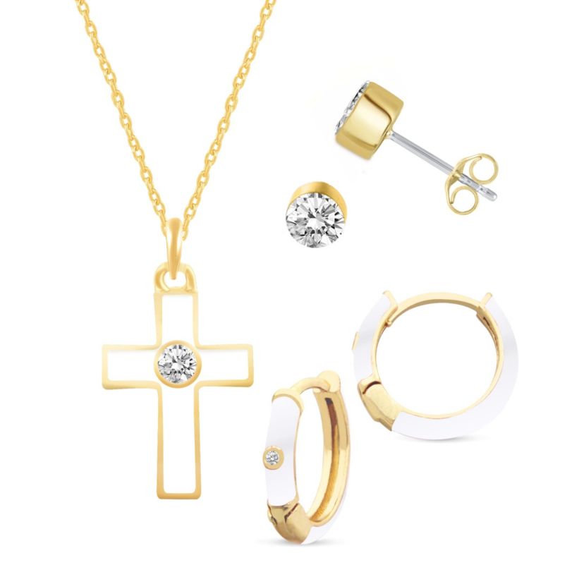 WHITE Enamel Huggies Earrings Cross Pendant Box Set in 17 Inch Chain + 2in Extender