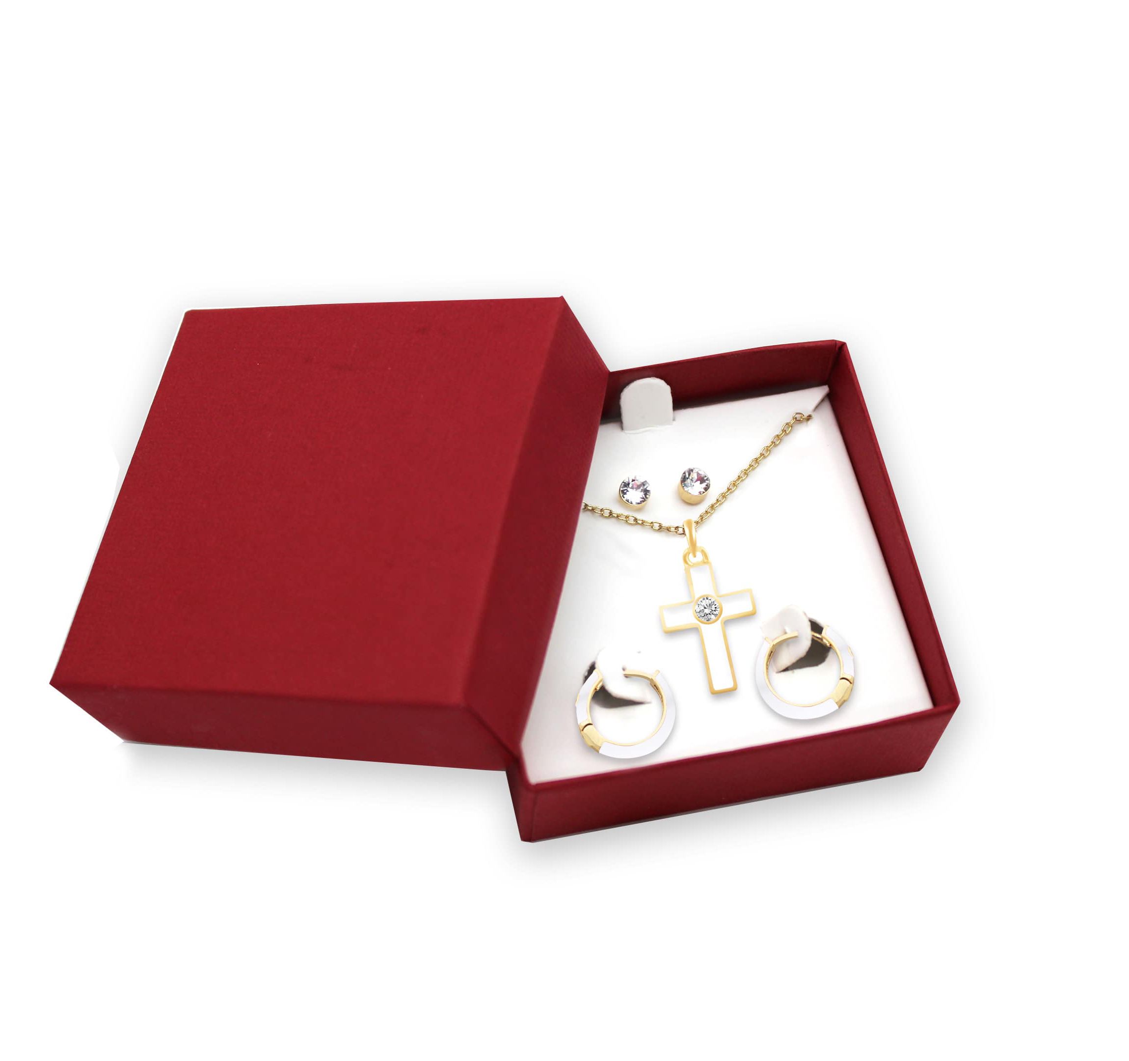 WHITE Enamel Huggies Earrings Cross Pendant Box Set in 17 Inch Chain + 2in Extender
