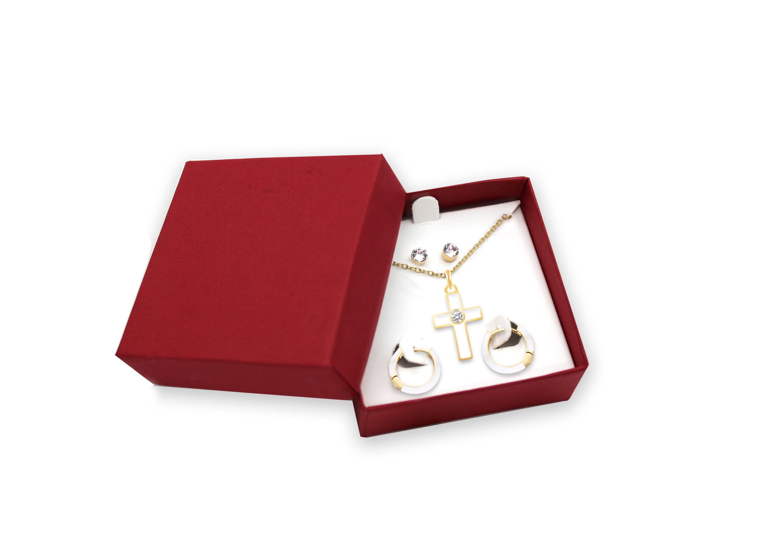 WHITE Enamel Huggies Earrings Cross Pendant Box Set in 17 Inch Chain + 2in Extender