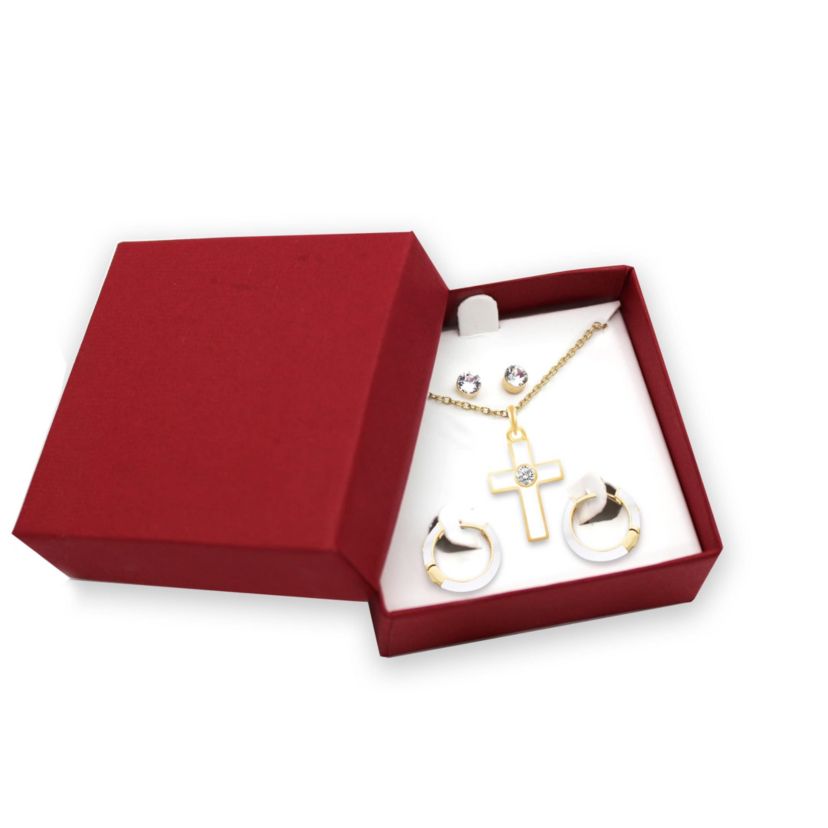 WHITE Enamel Huggies Earrings Cross Pendant Box Set in 17 Inch Chain + 2in Extender