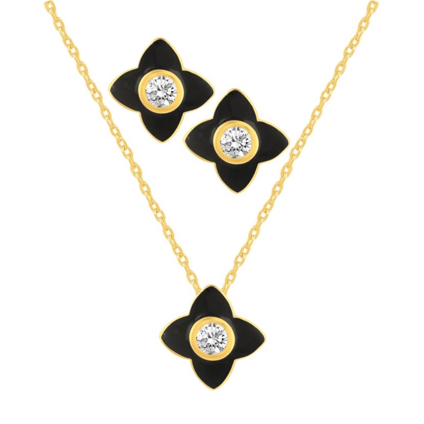 BLACK Enamel Huggies Earrings Clover Pendant Box Set in 17 Inch Chain + 2in Extender