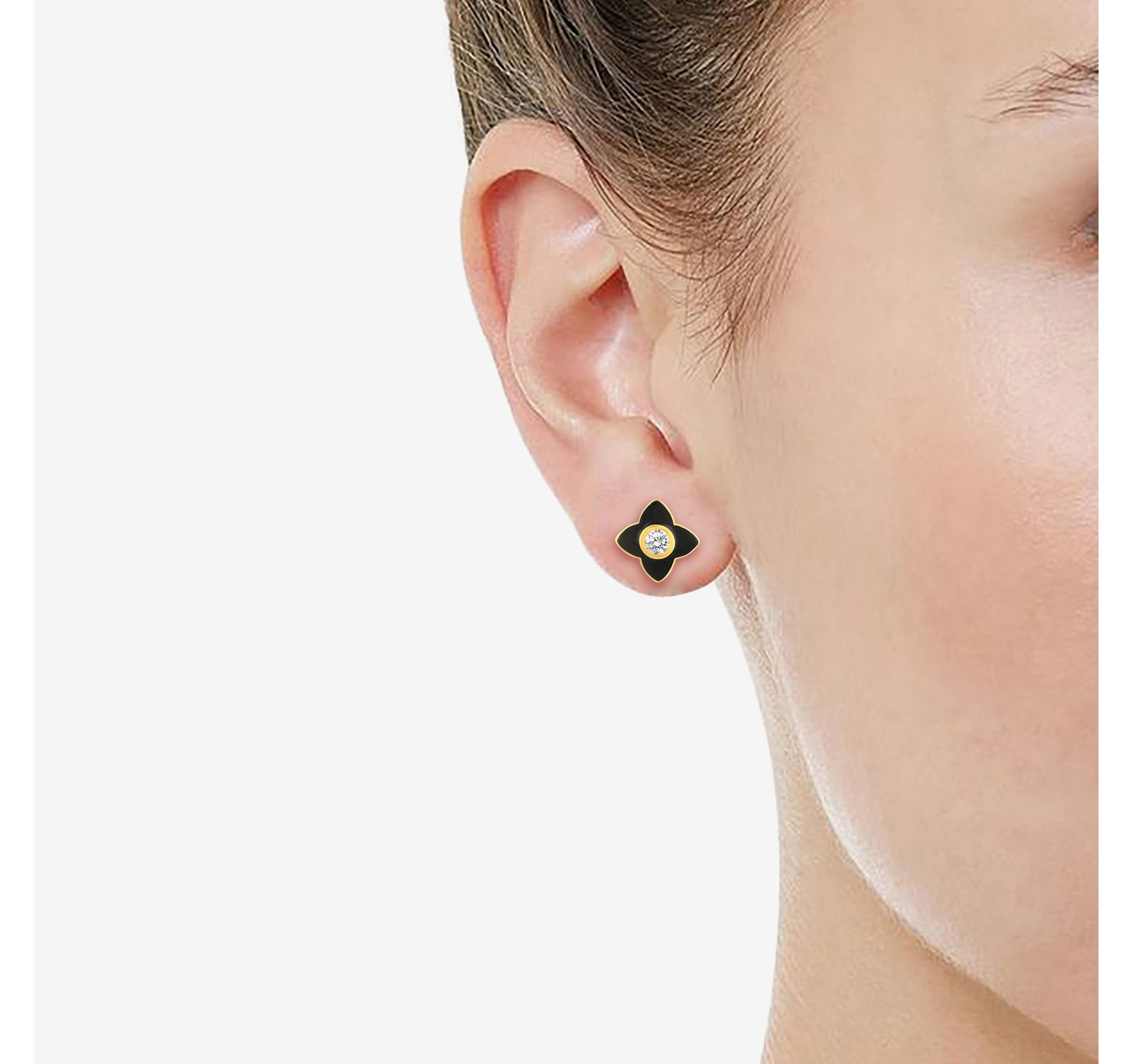BLACK Enamel Huggies Earrings Clover Pendant Box Set in 17 Inch Chain + 2in Extender