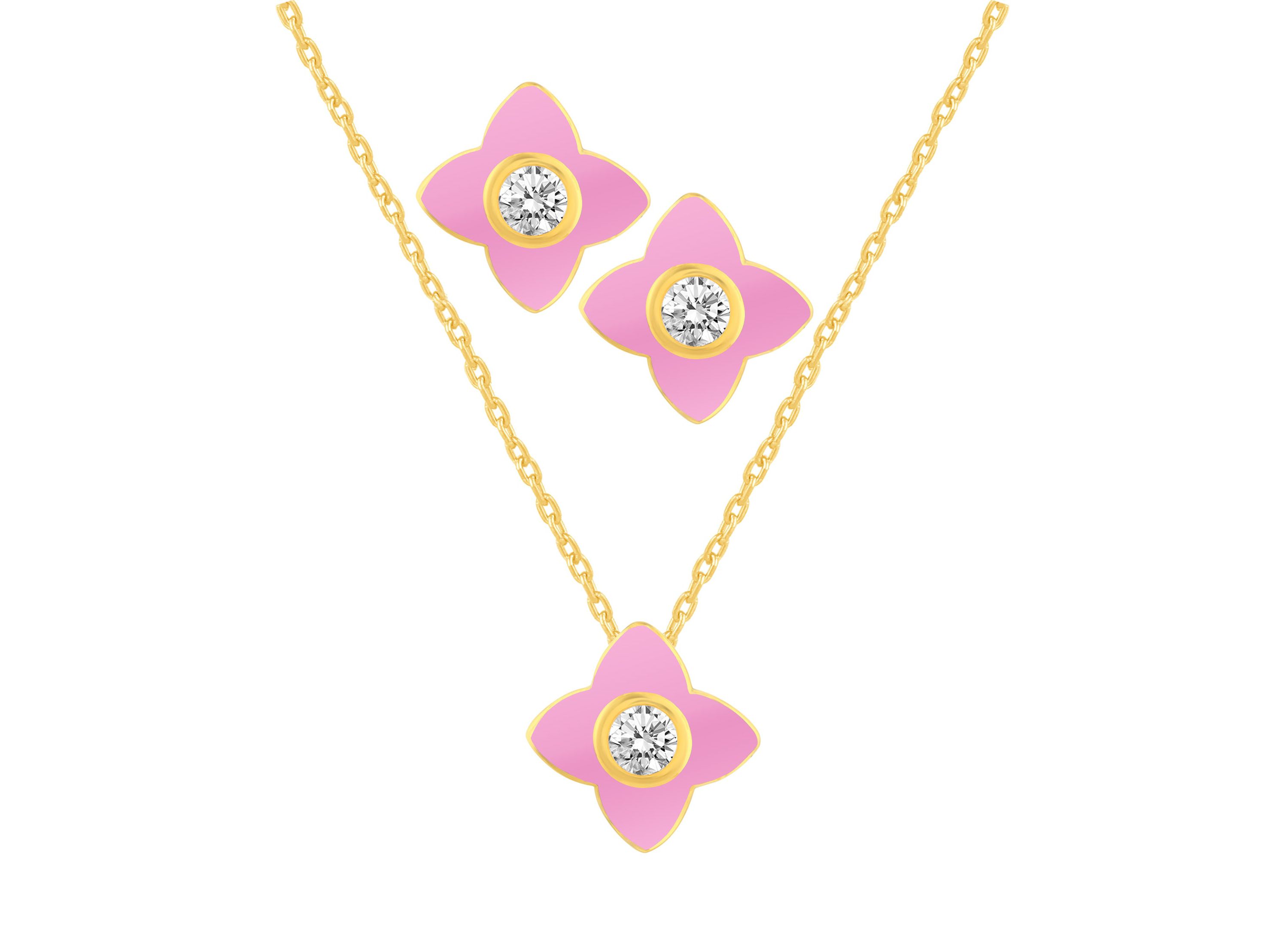 PINK Enamel Huggies Earrings Clover Pendant Box Set in 17 Inch Chain + 2in Extender