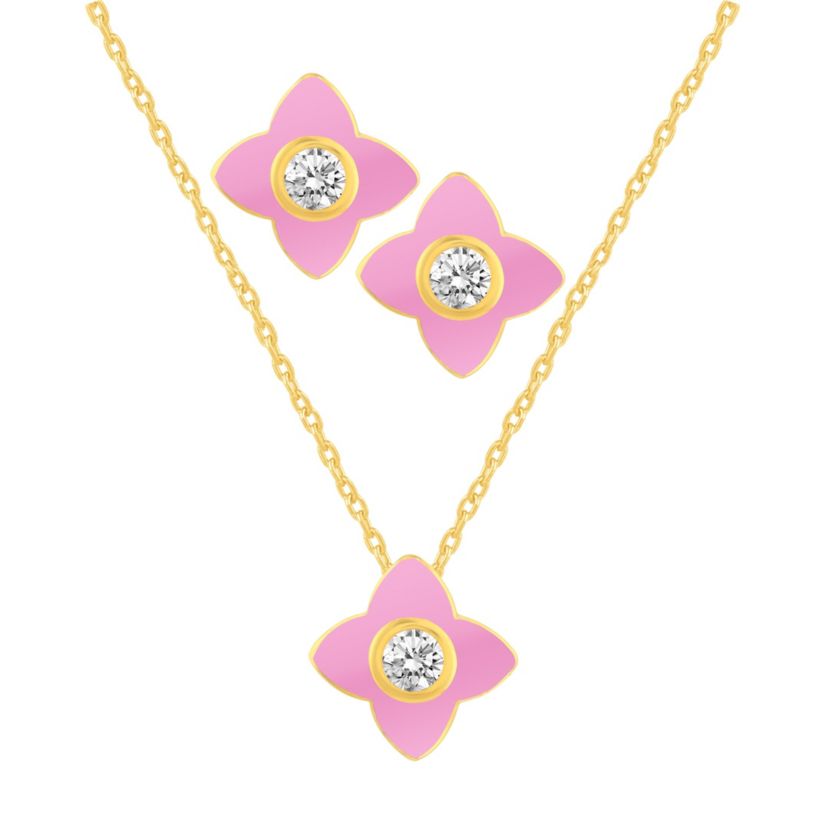 PINK Enamel Huggies Earrings Clover Pendant Box Set in 17 Inch Chain + 2in Extender