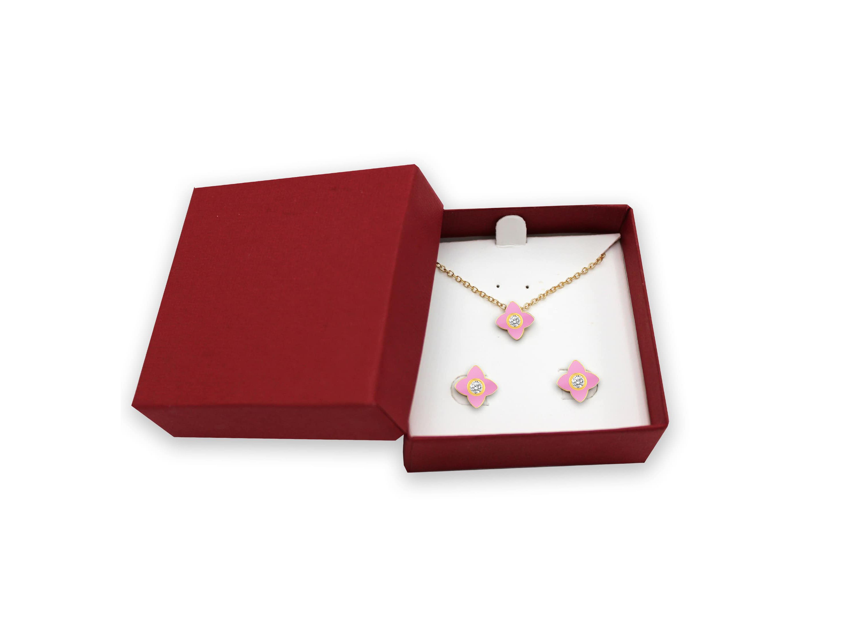 PINK Enamel Huggies Earrings Clover Pendant Box Set in 17 Inch Chain + 2in Extender