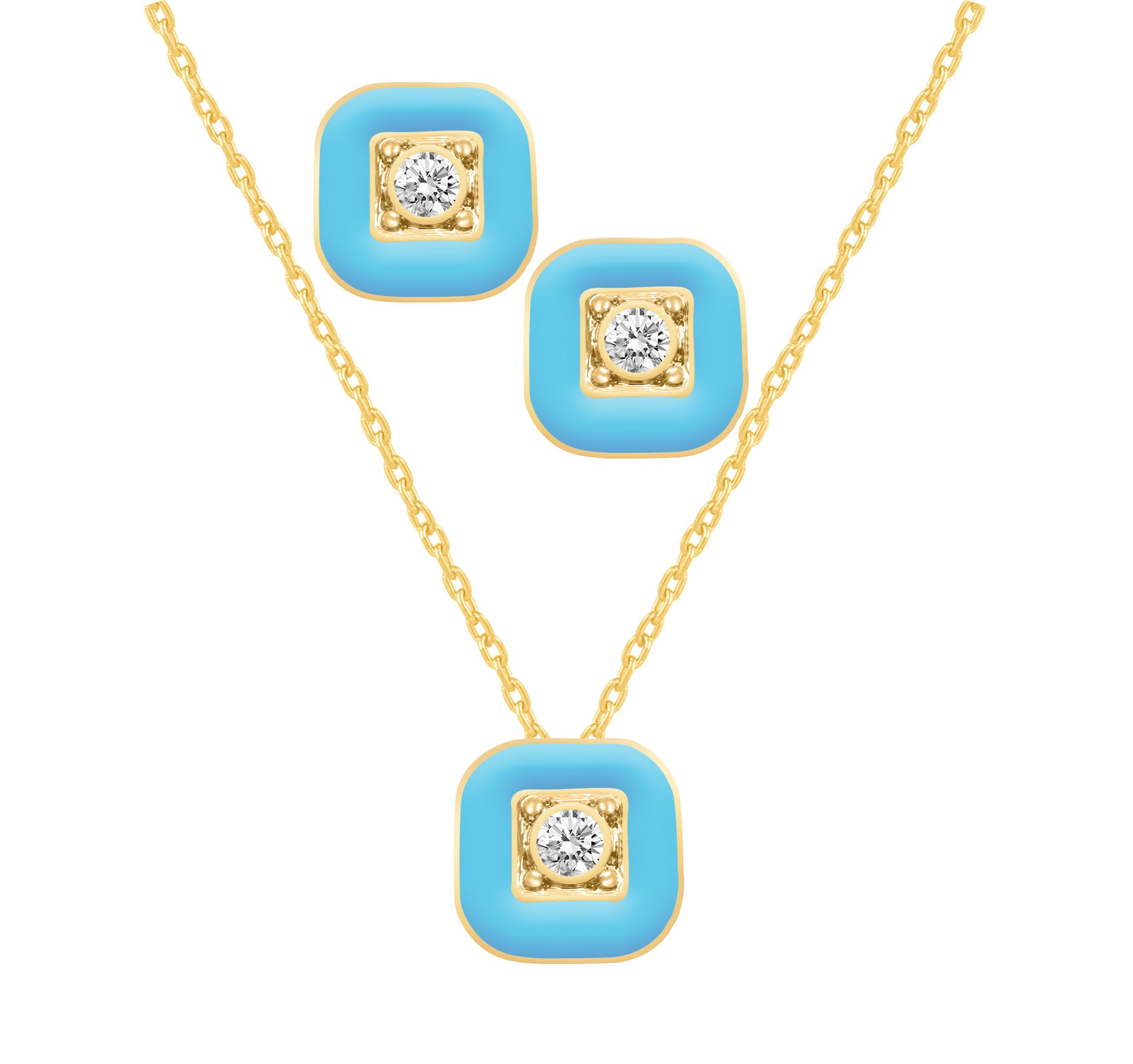 BLUE Enamel Square Earrings Square Pendant Box Set in 17 Inch Chain + 2in Extender