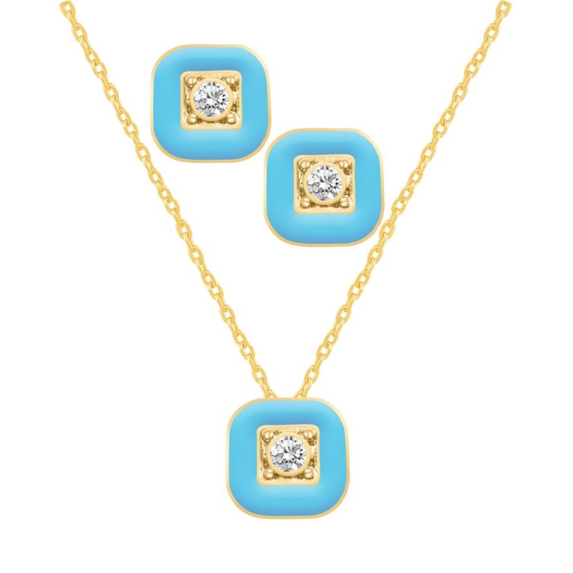 BLUE Enamel Square Earrings Square Pendant Box Set in 17 Inch Chain + 2in Extender