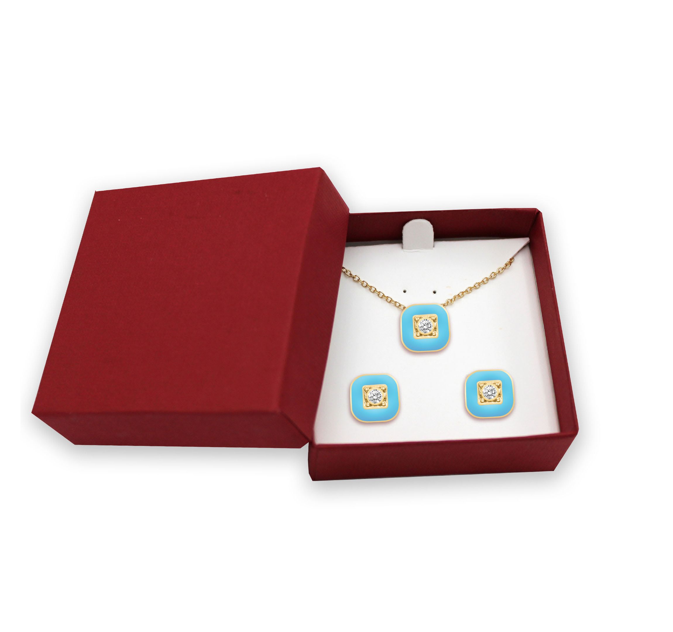 BLUE Enamel Square Earrings Square Pendant Box Set in 17 Inch Chain + 2in Extender