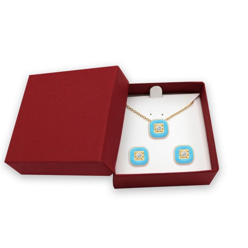 BLUE Enamel Square Earrings Square Pendant Box Set in 17 Inch Chain + 2in Extender