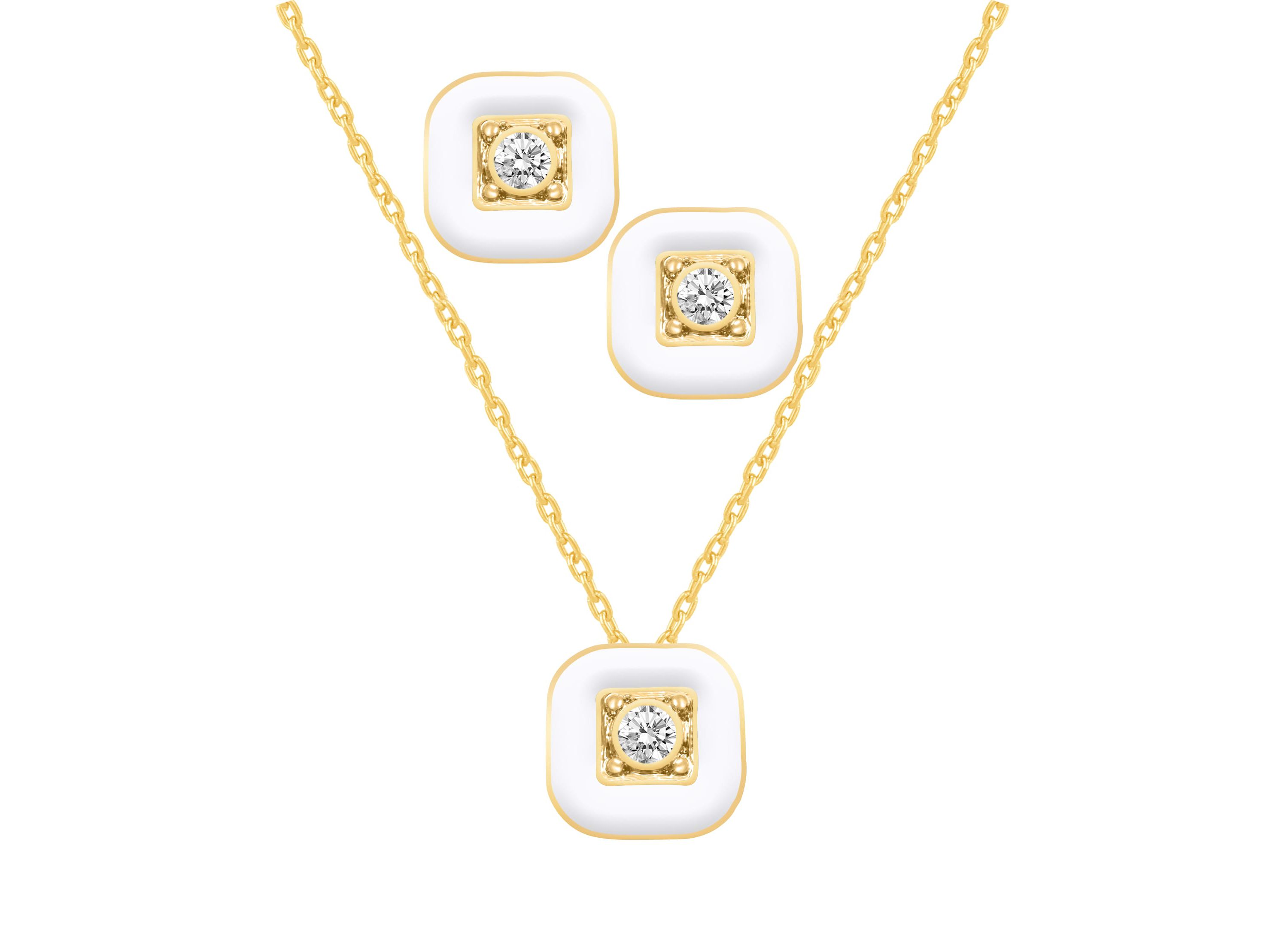 WHITE Enamel Square Earrings Square Pendant Box Set in 17 Inch Chain + 2in Extender