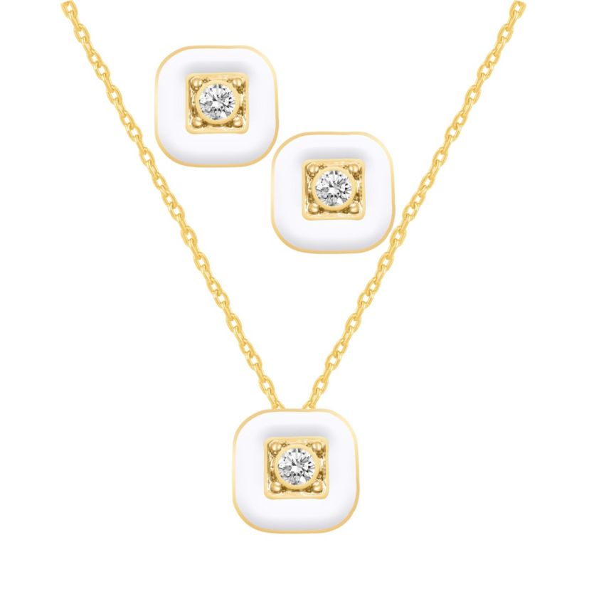 WHITE Enamel Square Earrings Square Pendant Box Set in 17 Inch Chain + 2in Extender