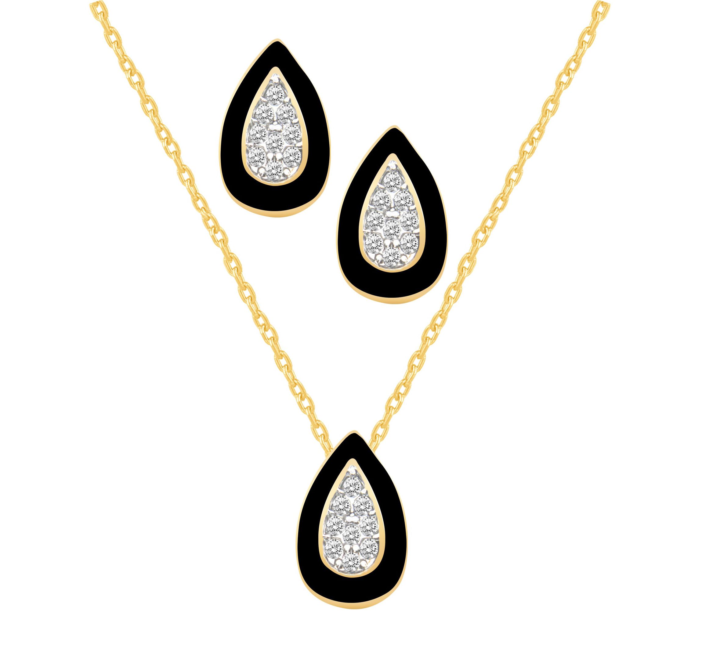 BLACk Enamel Pear shape Earrings Pear shape Pendant Box Set in 17 Inch Chain + 2in Extender