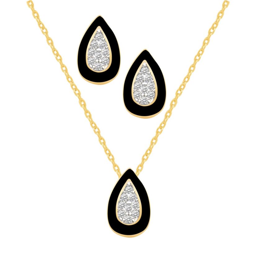 BLACk Enamel Pear shape Earrings Pear shape Pendant Box Set in 17 Inch Chain + 2in Extender