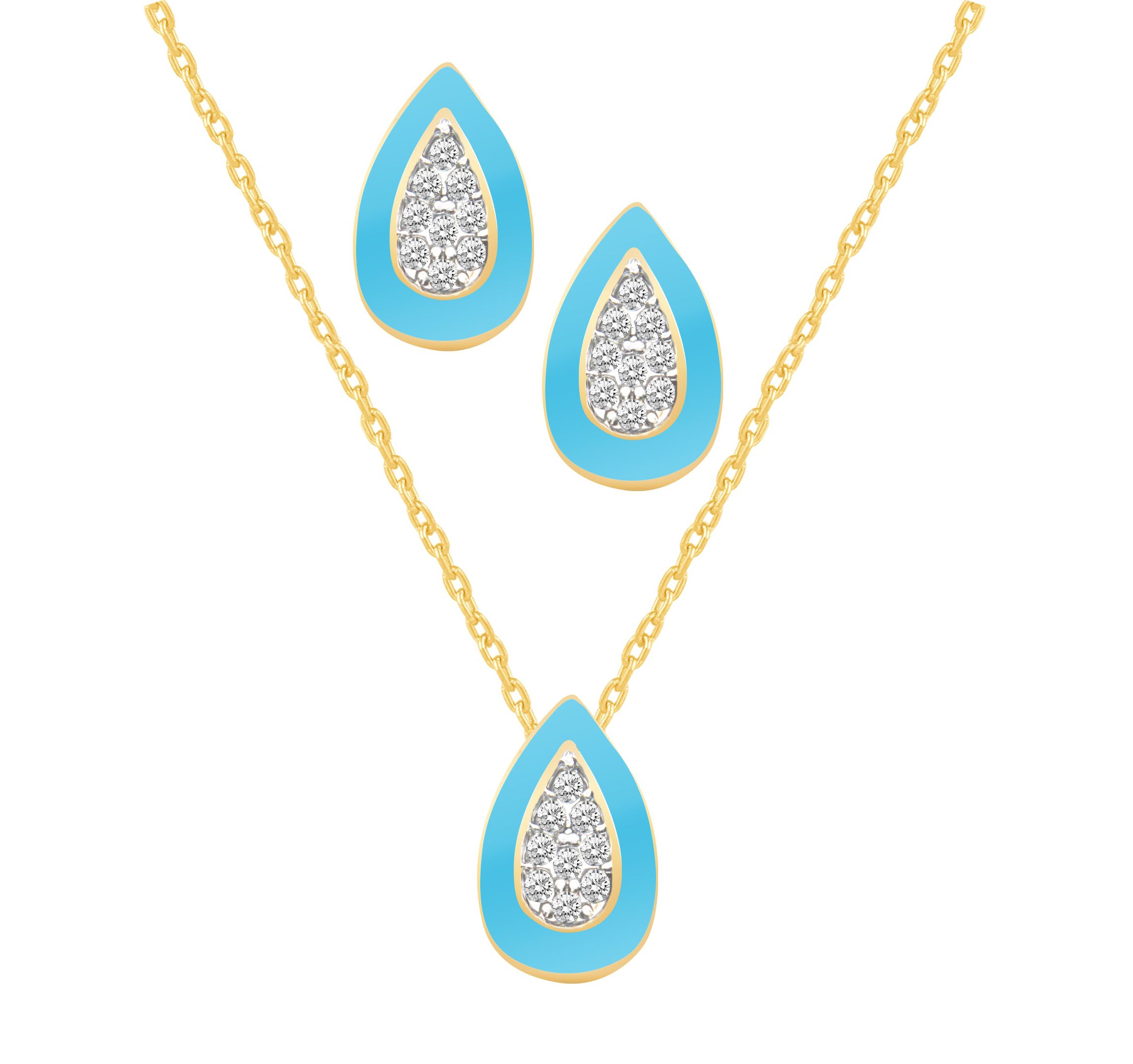 BLUE Enamel Pear shape Earrings Pear shape Pendant Box Set in 17 Inch Chain + 2in Extender