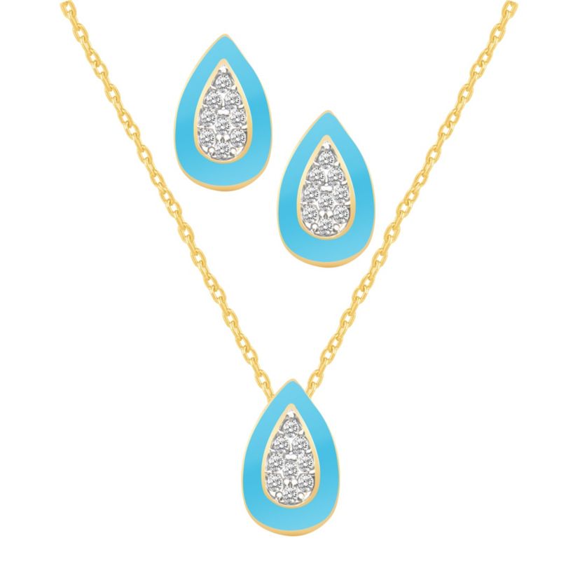 BLUE Enamel Pear shape Earrings Pear shape Pendant Box Set in 17 Inch Chain + 2in Extender