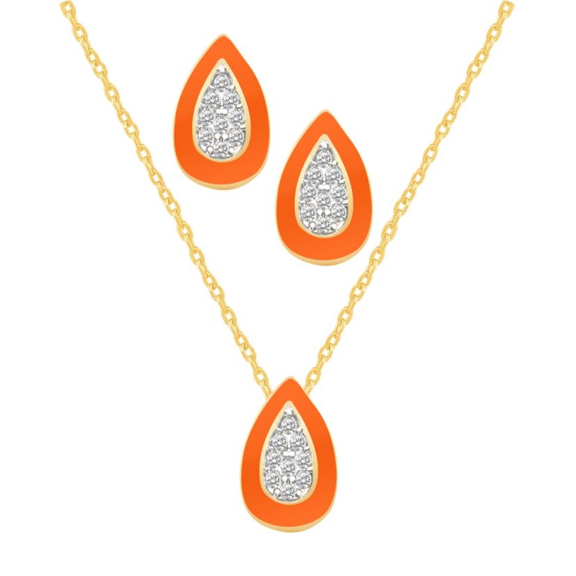 ORANGE Enamel Pear shape Earrings Pear shape Pendant Box Set in 17 Inch Chain + 2in Extender