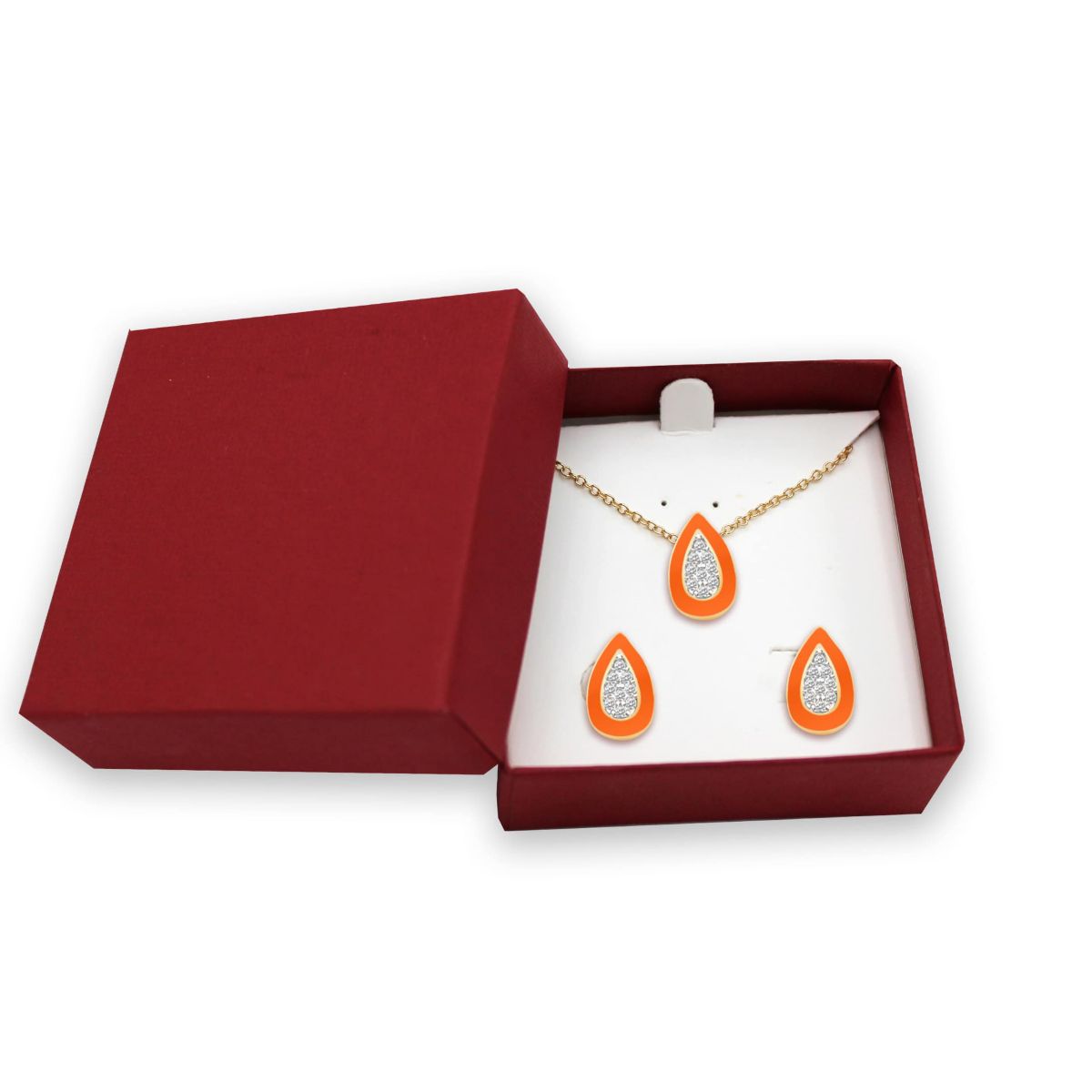 ORANGE Enamel Pear shape Earrings Pear shape Pendant Box Set in 17 Inch Chain + 2in Extender