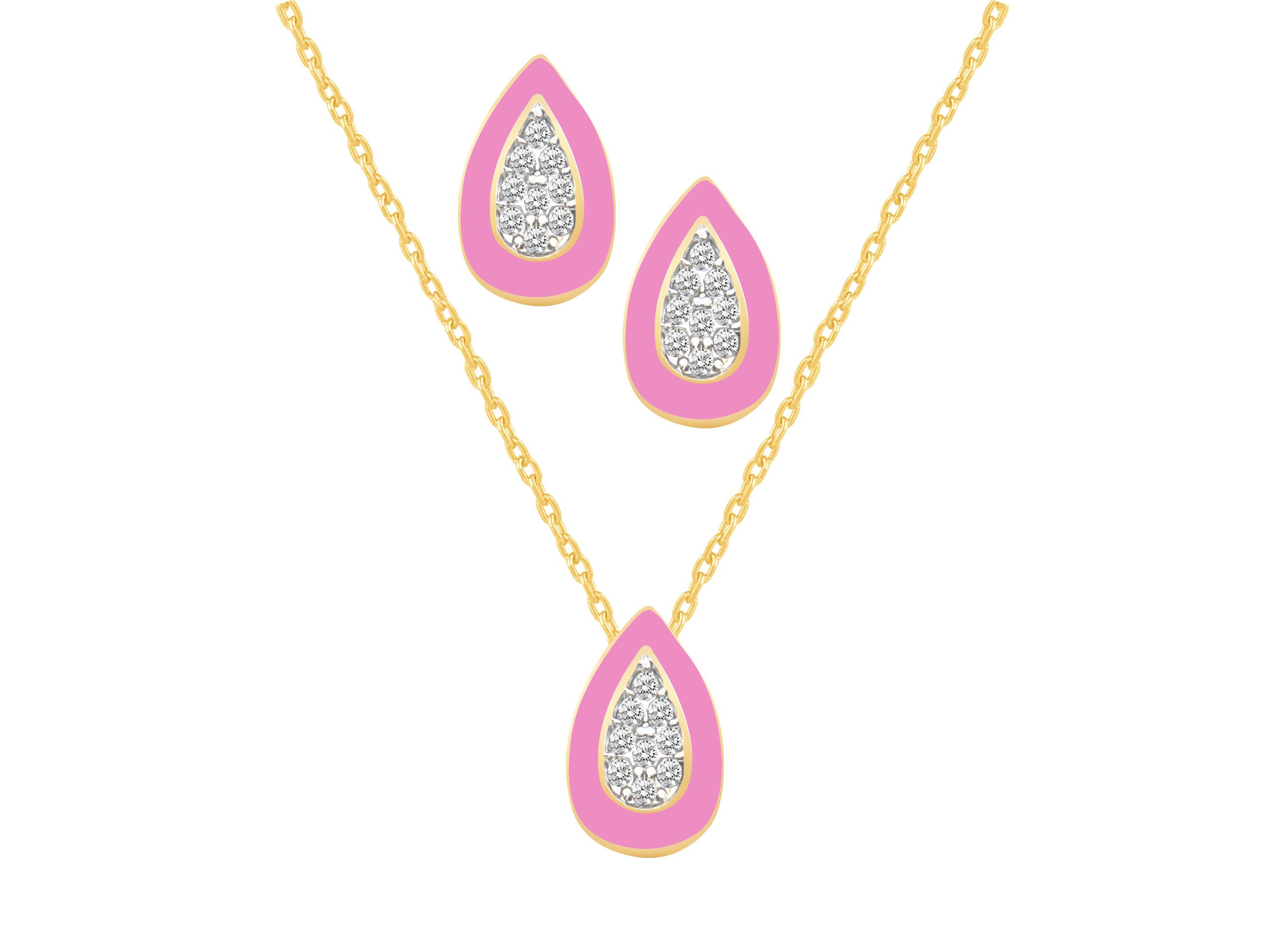 PINK Enamel Pear shape Earrings Pear shape Pendant Box Set in 17 Inch Chain + 2in Extender